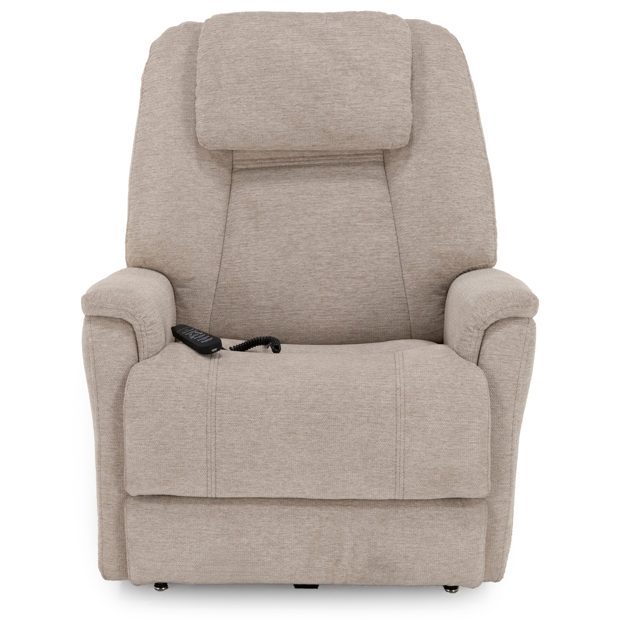 Light beige power recliner chair with padded arms and headrest, remote control on seat.