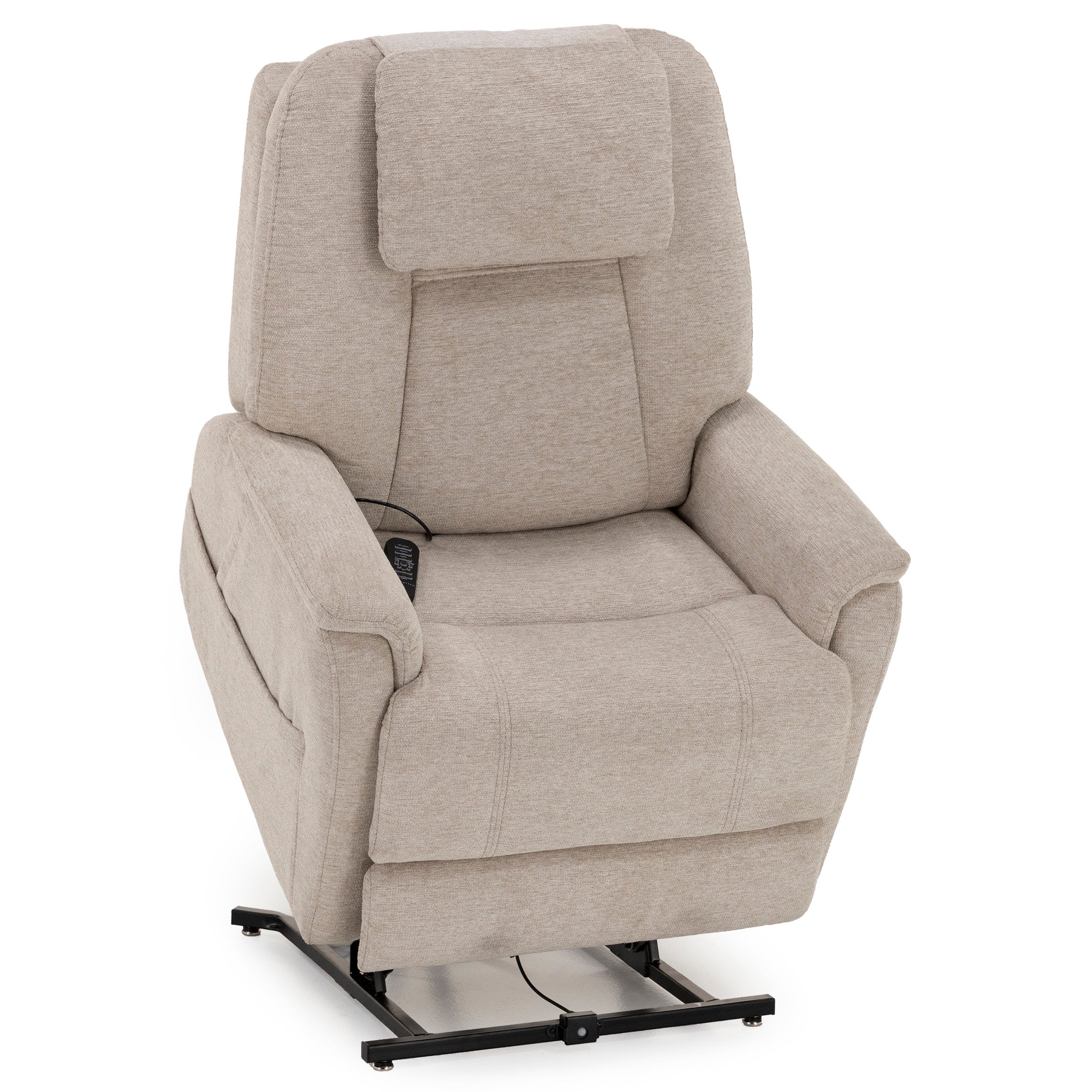 Beige fabric lift recliner chair with remote control, designed for comfort and accessibility.