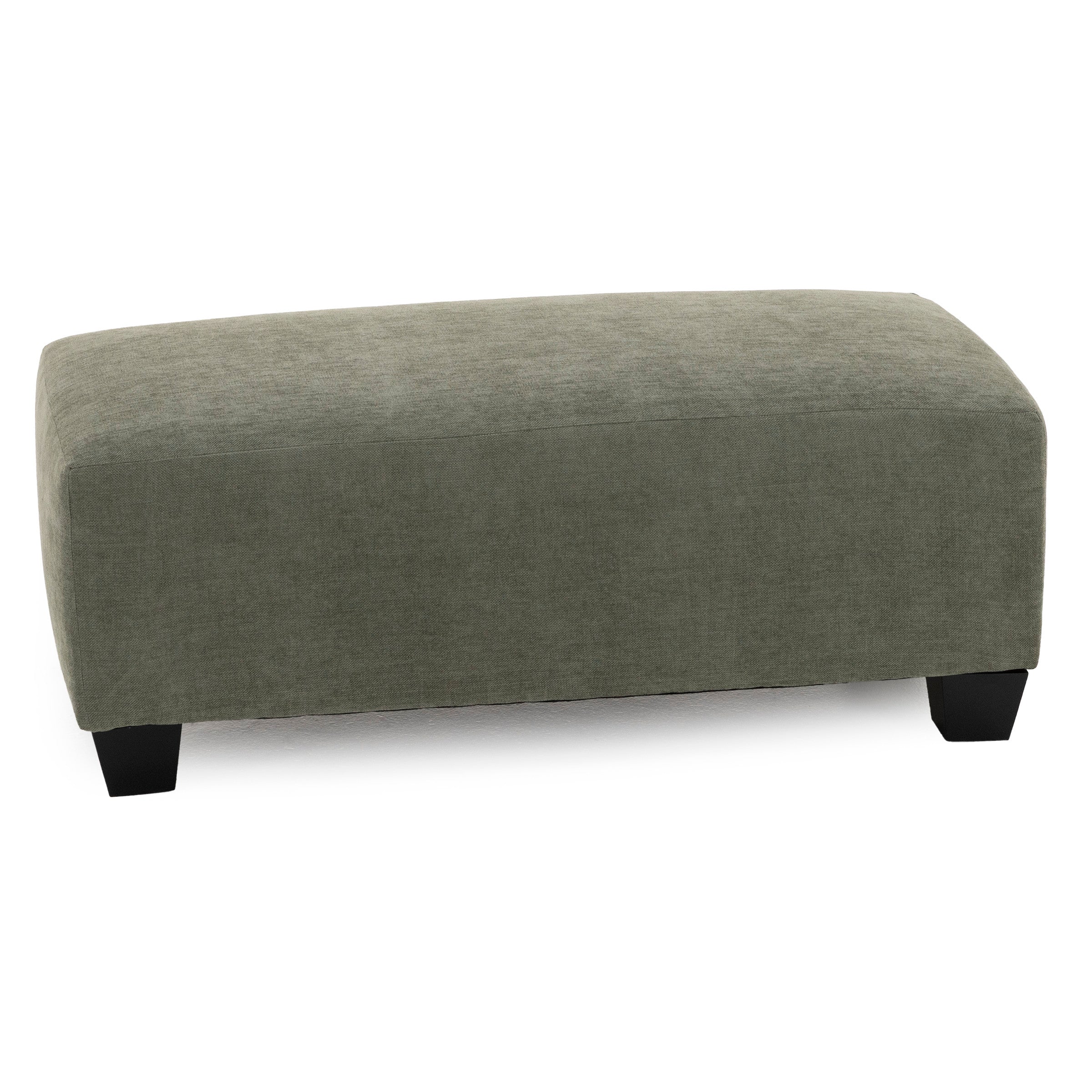 Rectangular green ottoman with short black legs.