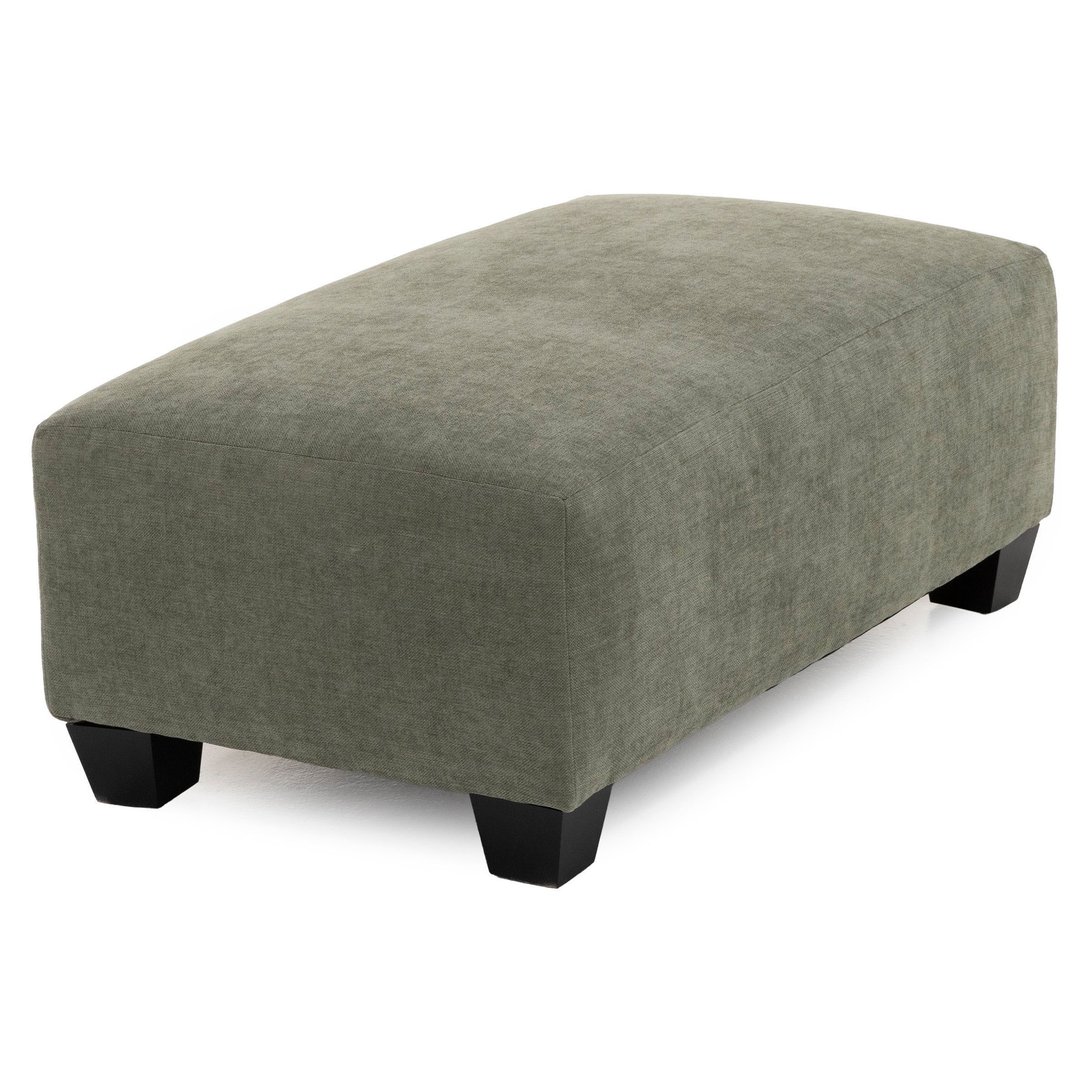 Rectangular gray upholstered ottoman with short black legs.