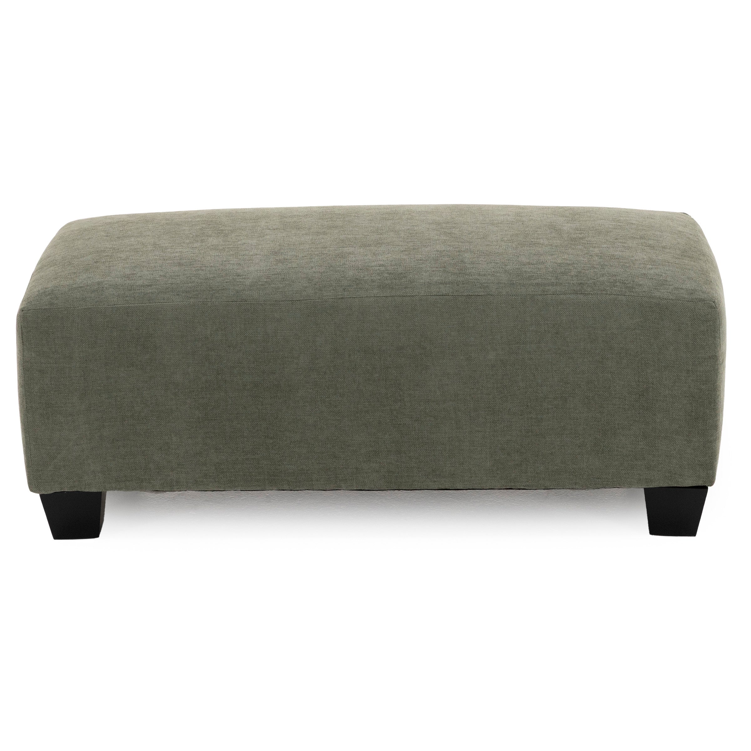 Rectangular olive green ottoman with black legs.