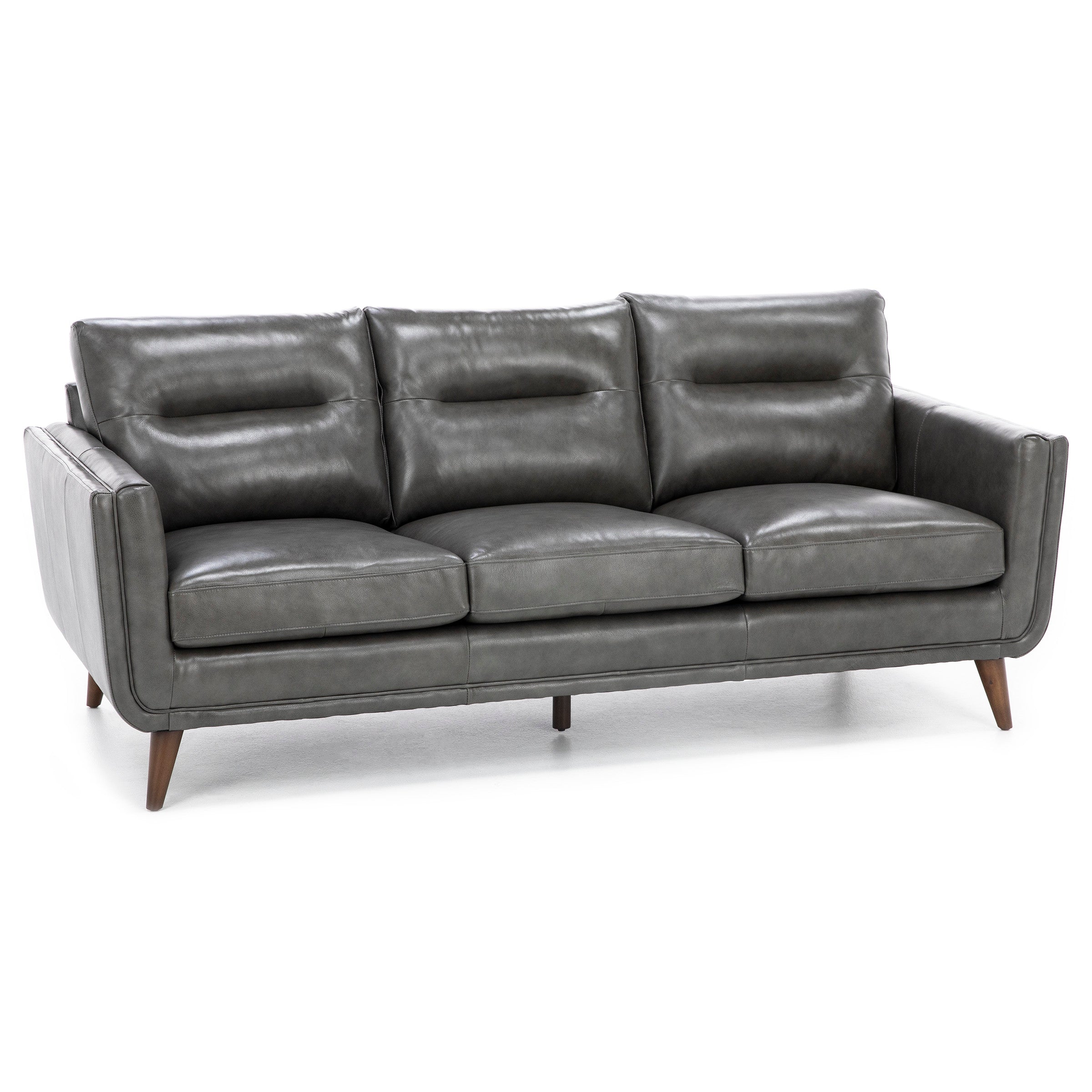 Modern gray leather sofa with three seats and wooden legs
