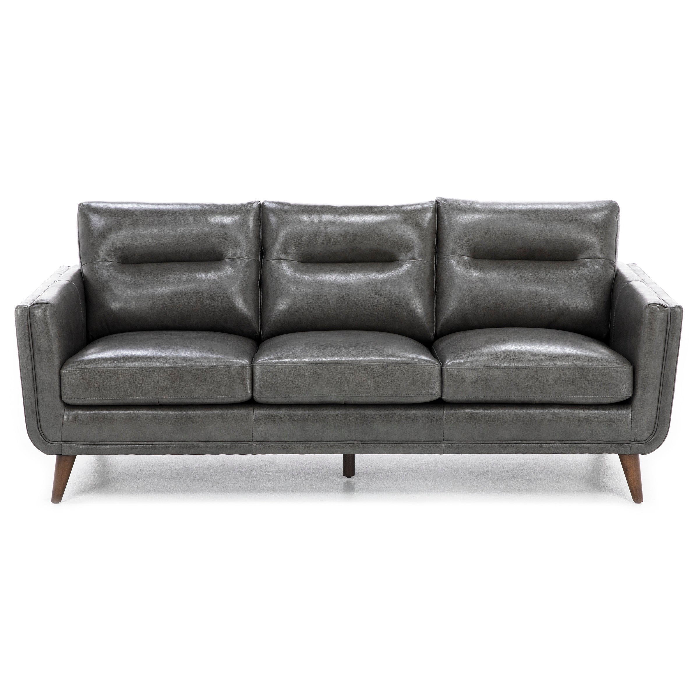 Modern gray leather sofa with three seats and wooden legs, shown from the front.