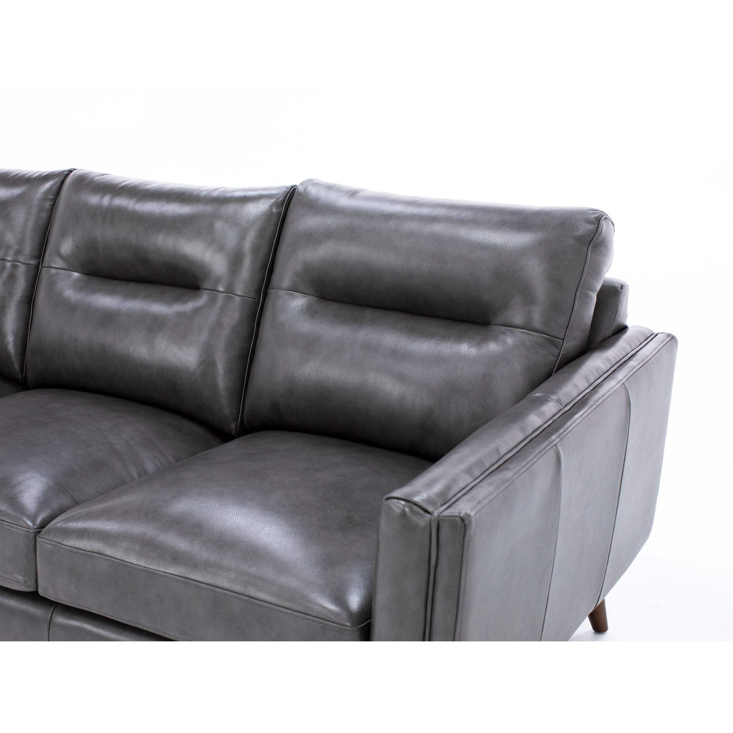 Close-up of a dark gray leather sofa with tufted seat and back cushions.