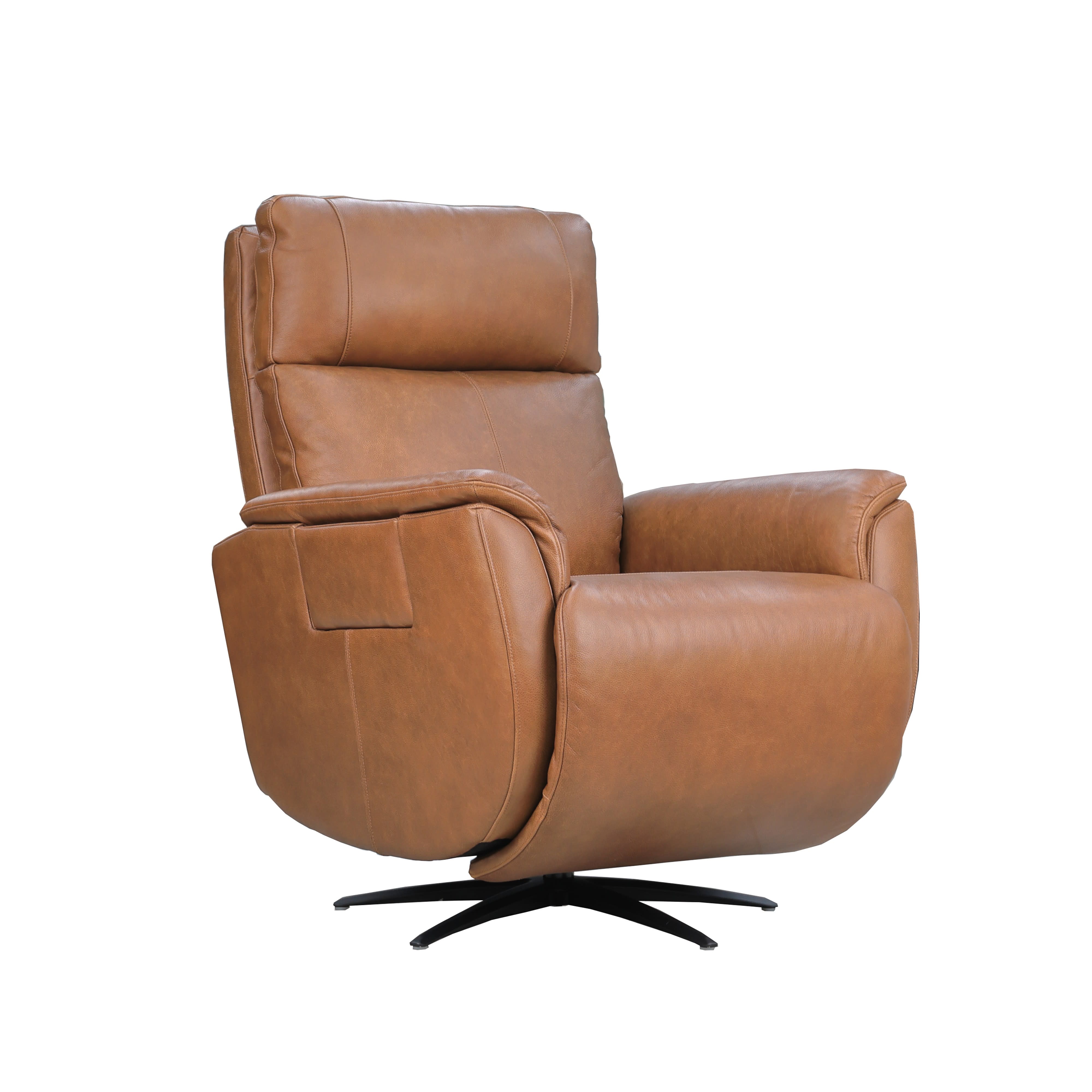 Brown leather recliner chair with cushioned seat and back, modern swivel base.