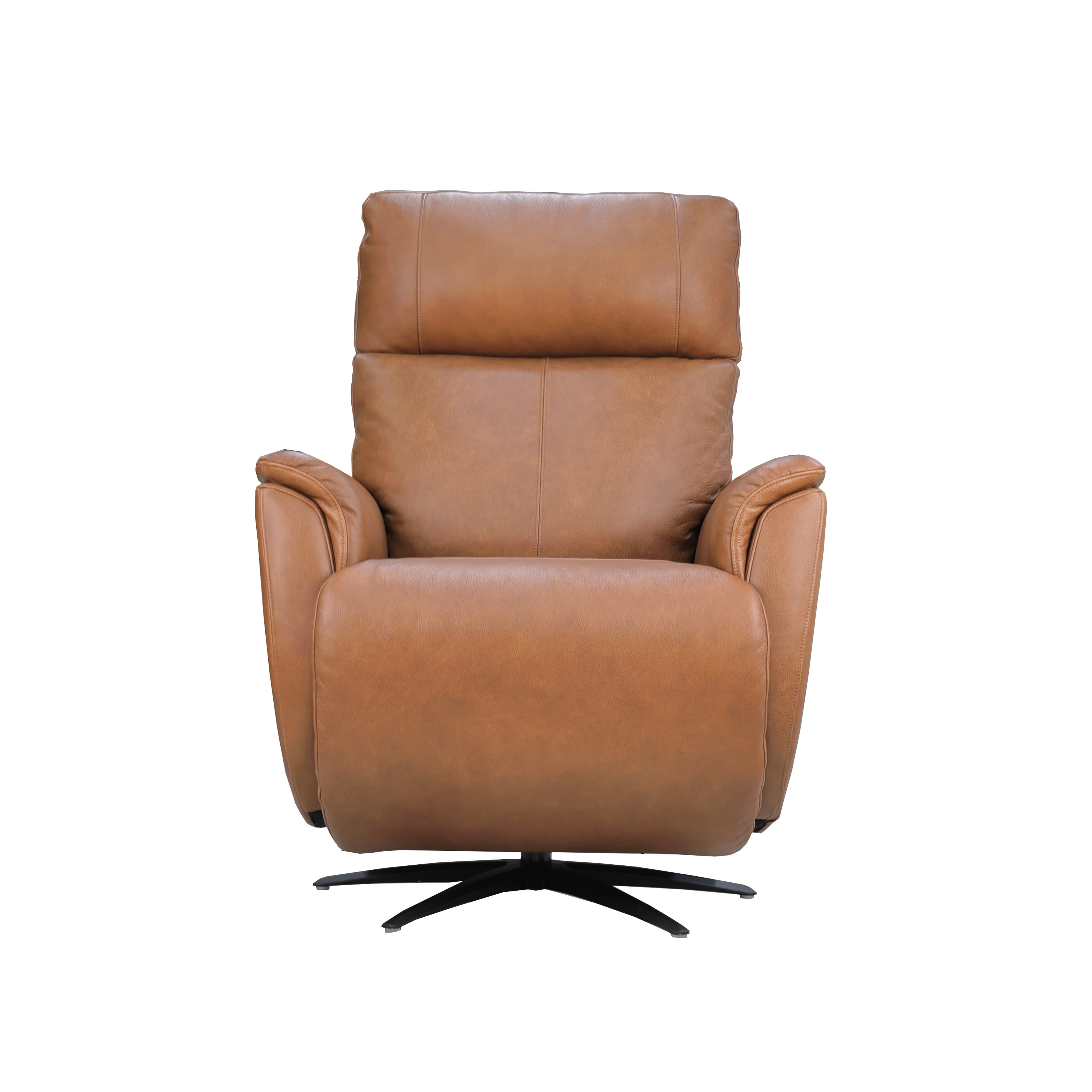 Front view of a modern brown leather recliner chair with padded arms and headrest.