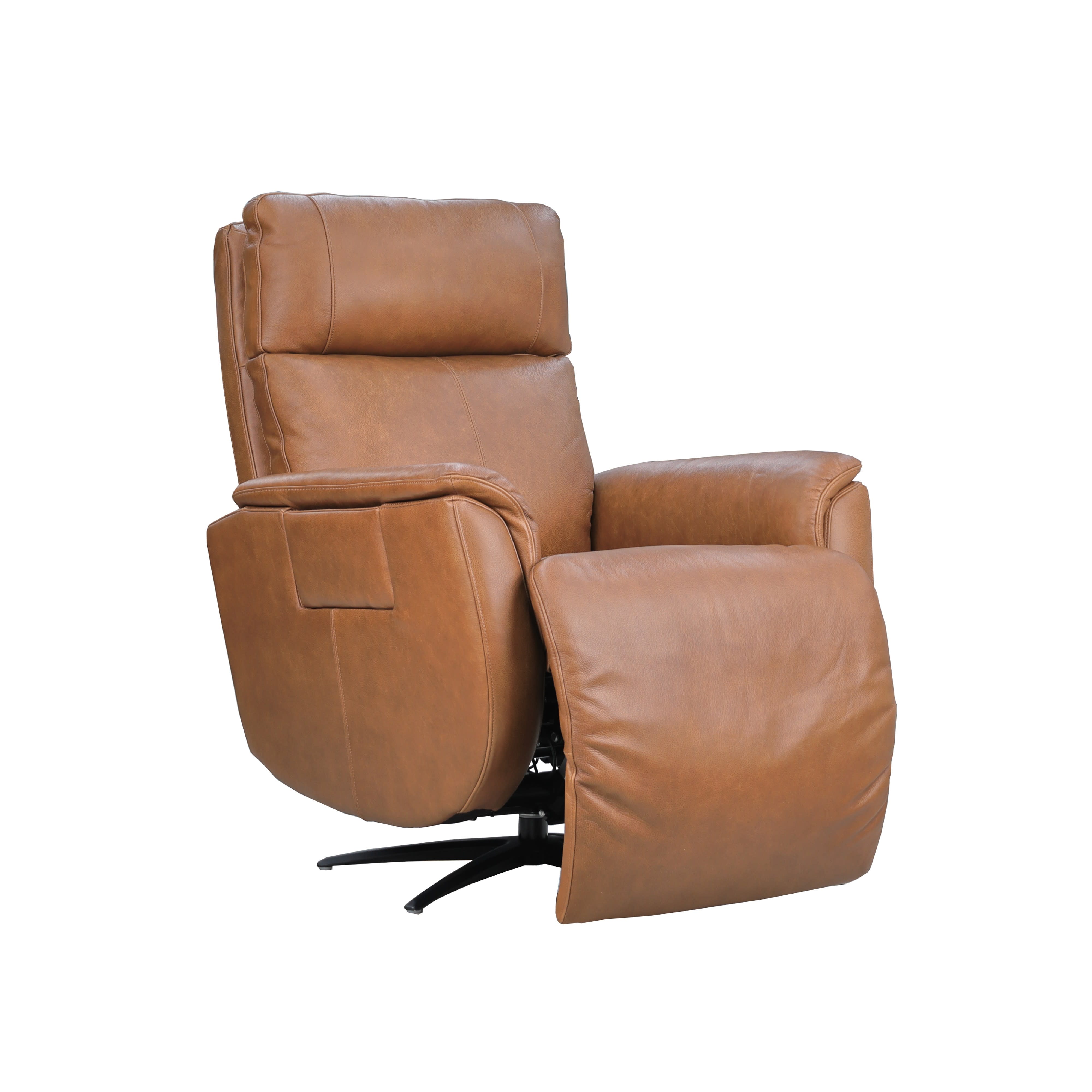 Brown leather recliner chair with elevated footrest, shown at an angle on a white background.