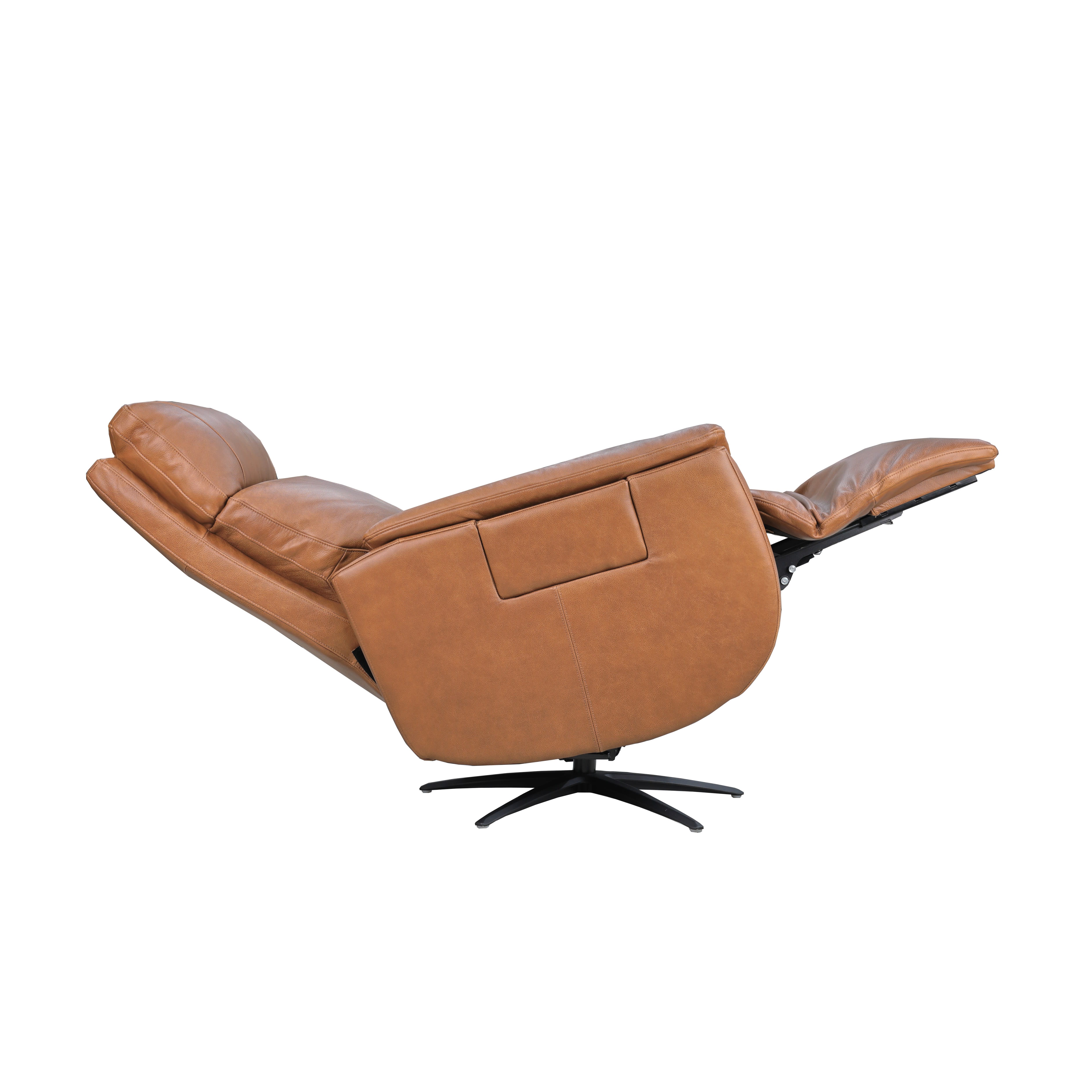 Reclining brown leather chair shown from the side with footrest extended.
