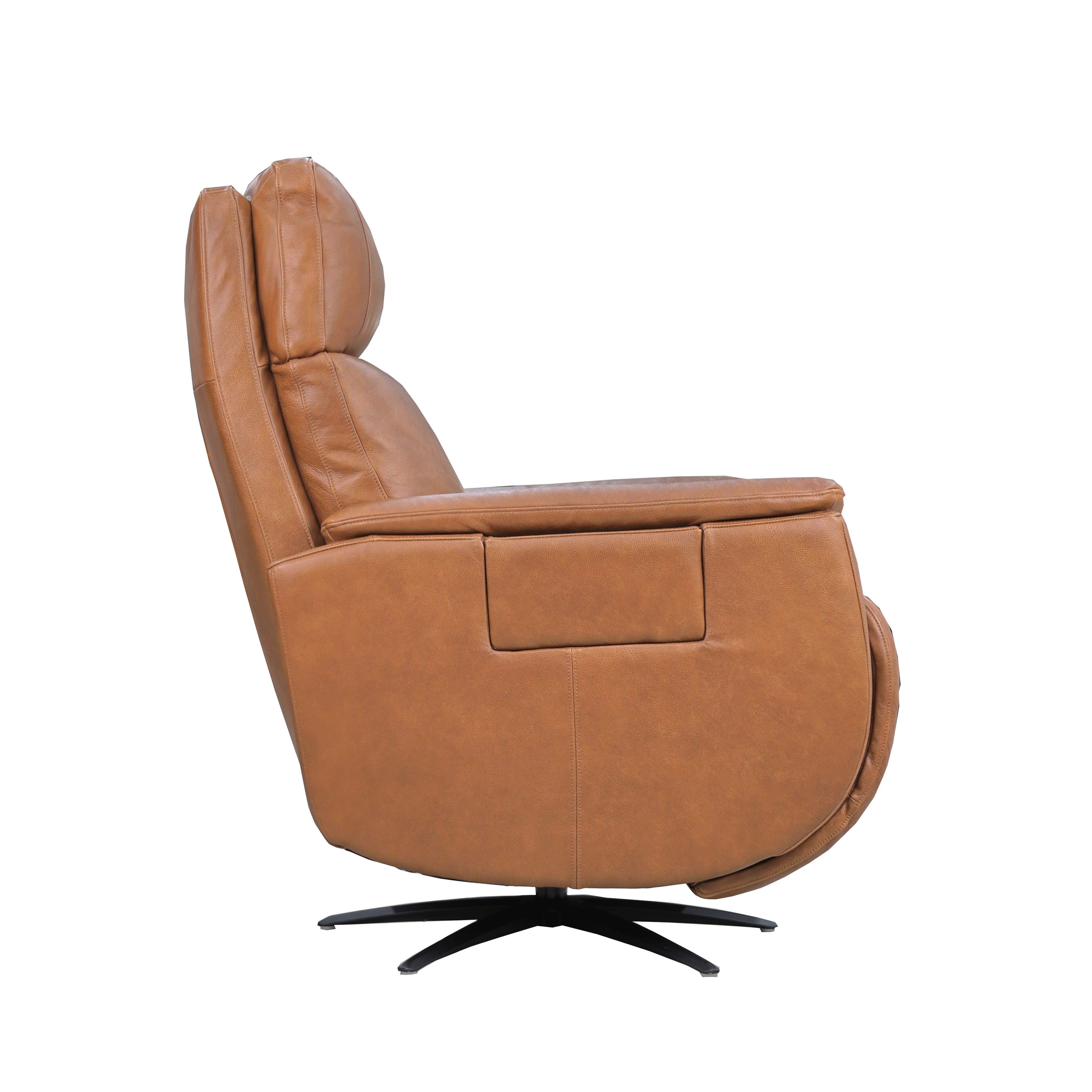 Side view of a brown leather recliner chair with a black metal base.