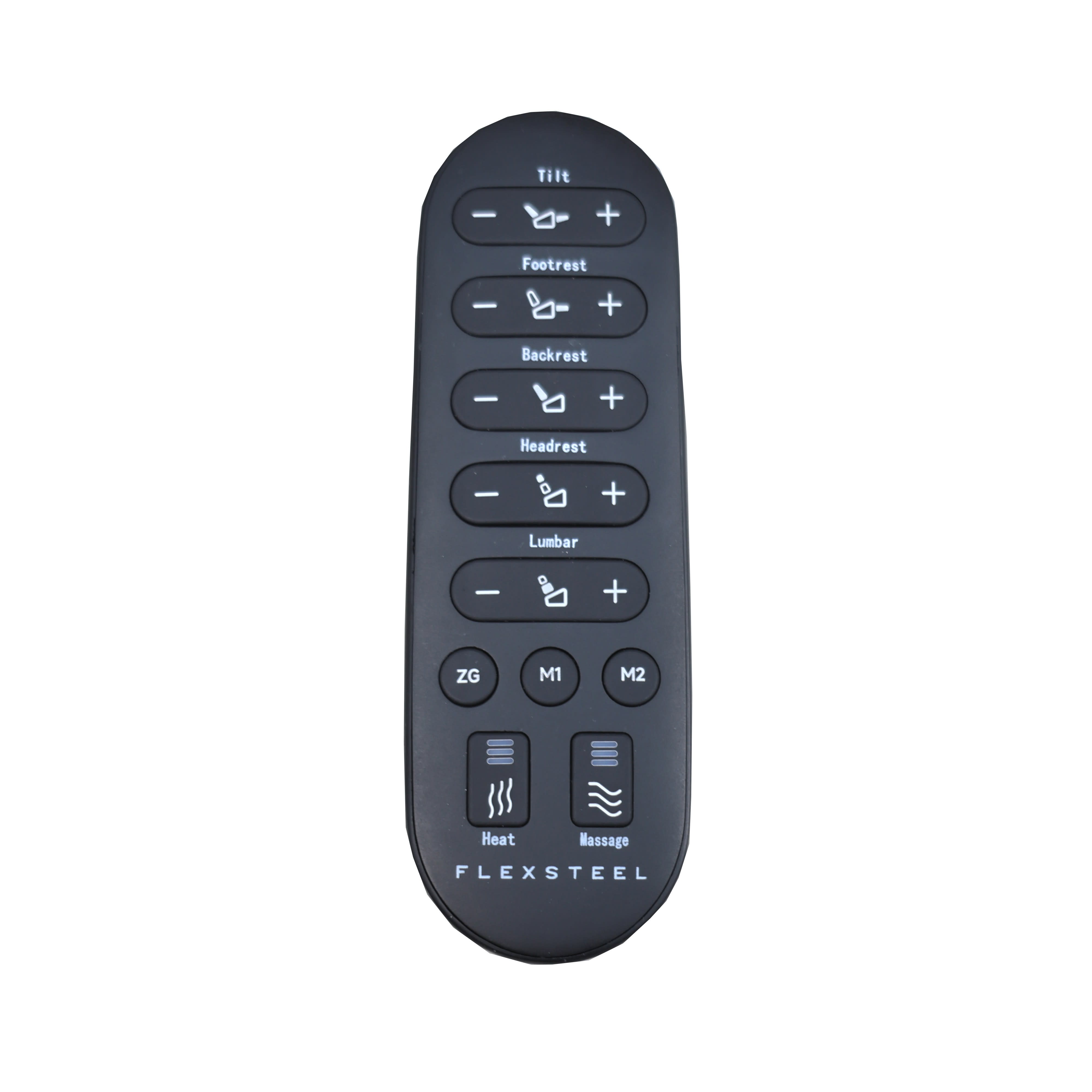 Flexsteel remote control with buttons for tilt, footrest, backrest, headrest, lumbar, heat, and massage.