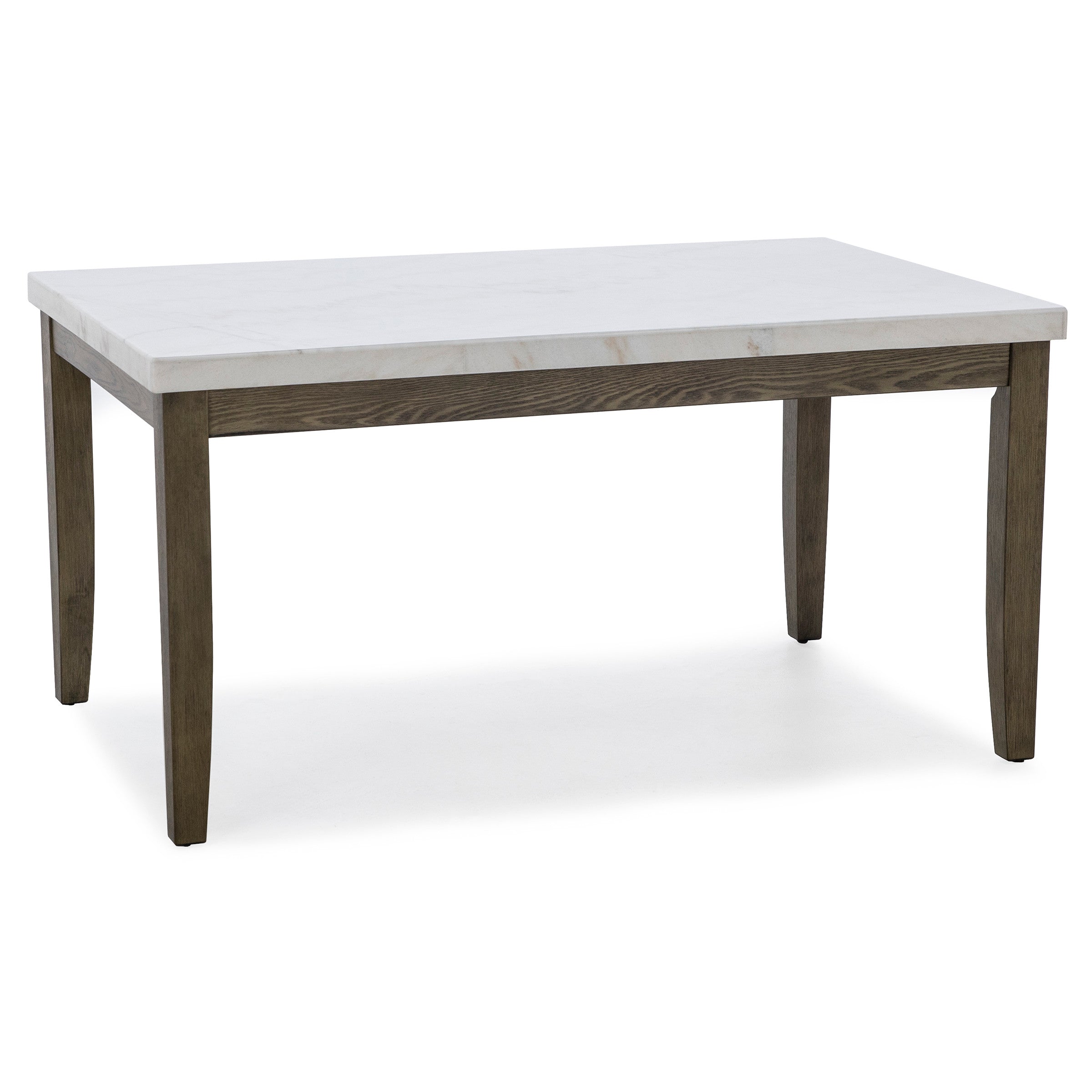 Rectangular dining table with white stone top and wooden legs.