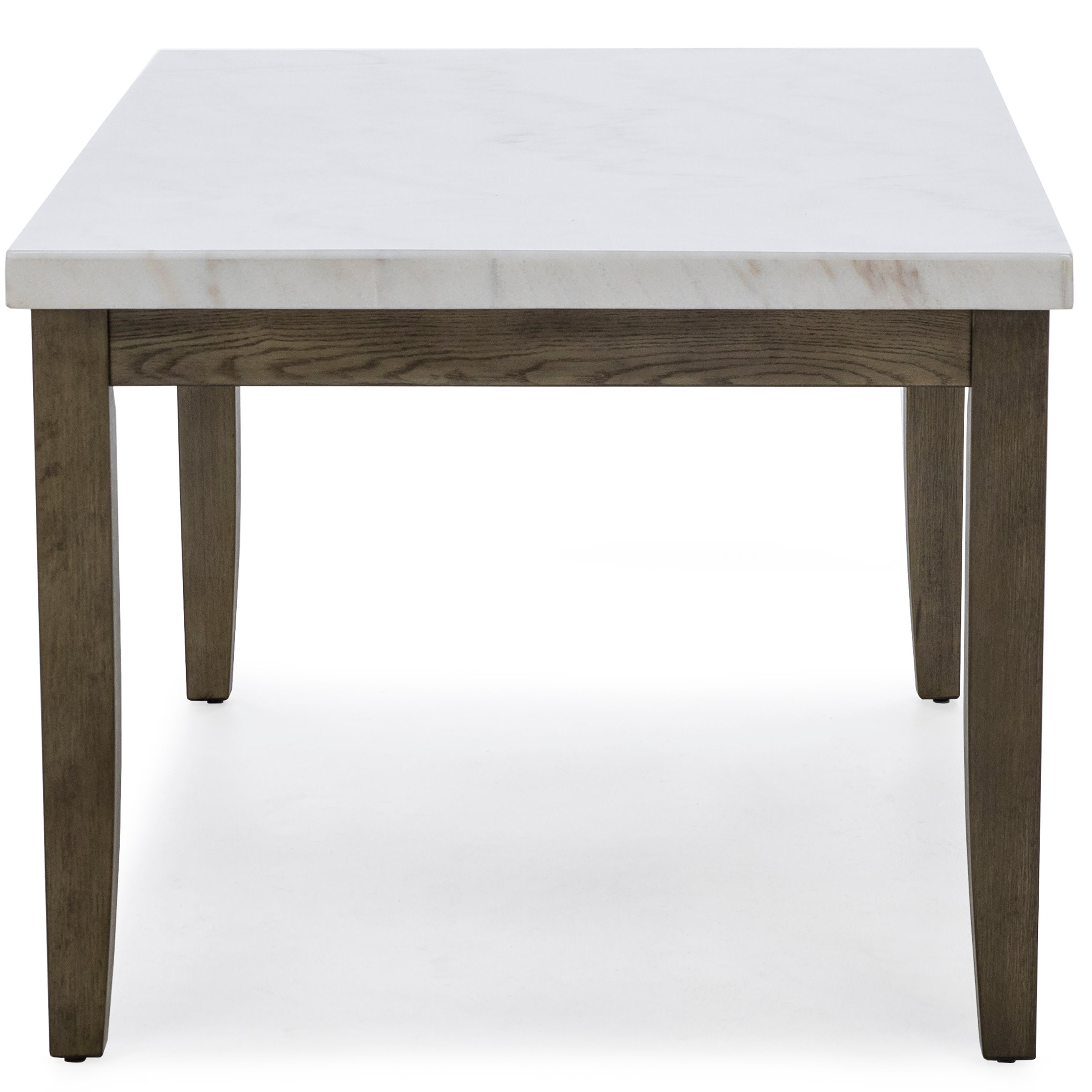 Rectangular table with white marble top and wooden legs, front view.