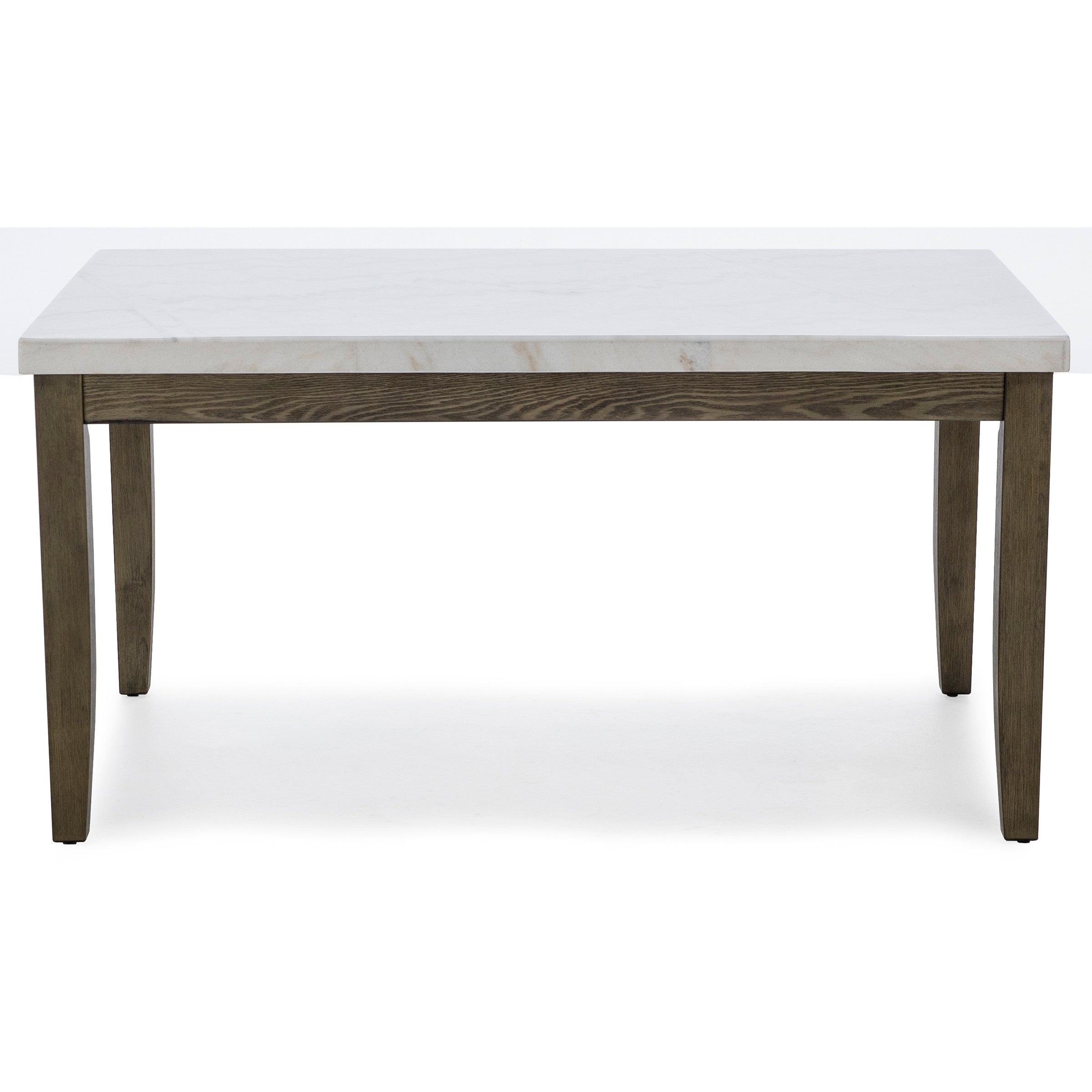 Rectangular table with a white marble top and wooden legs, shown on a white background.