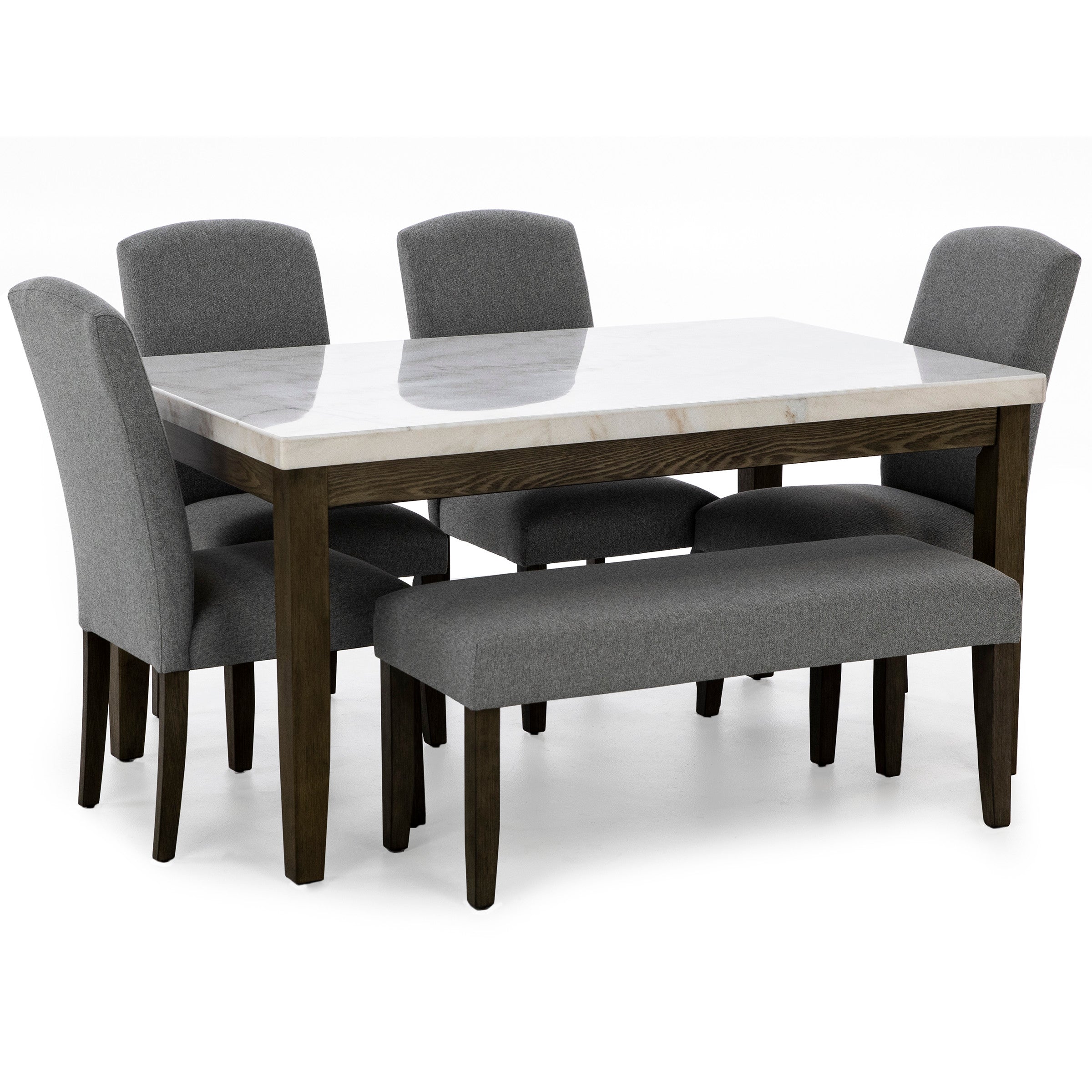 Dining table set with four gray chairs and one gray bench, white marble tabletop.