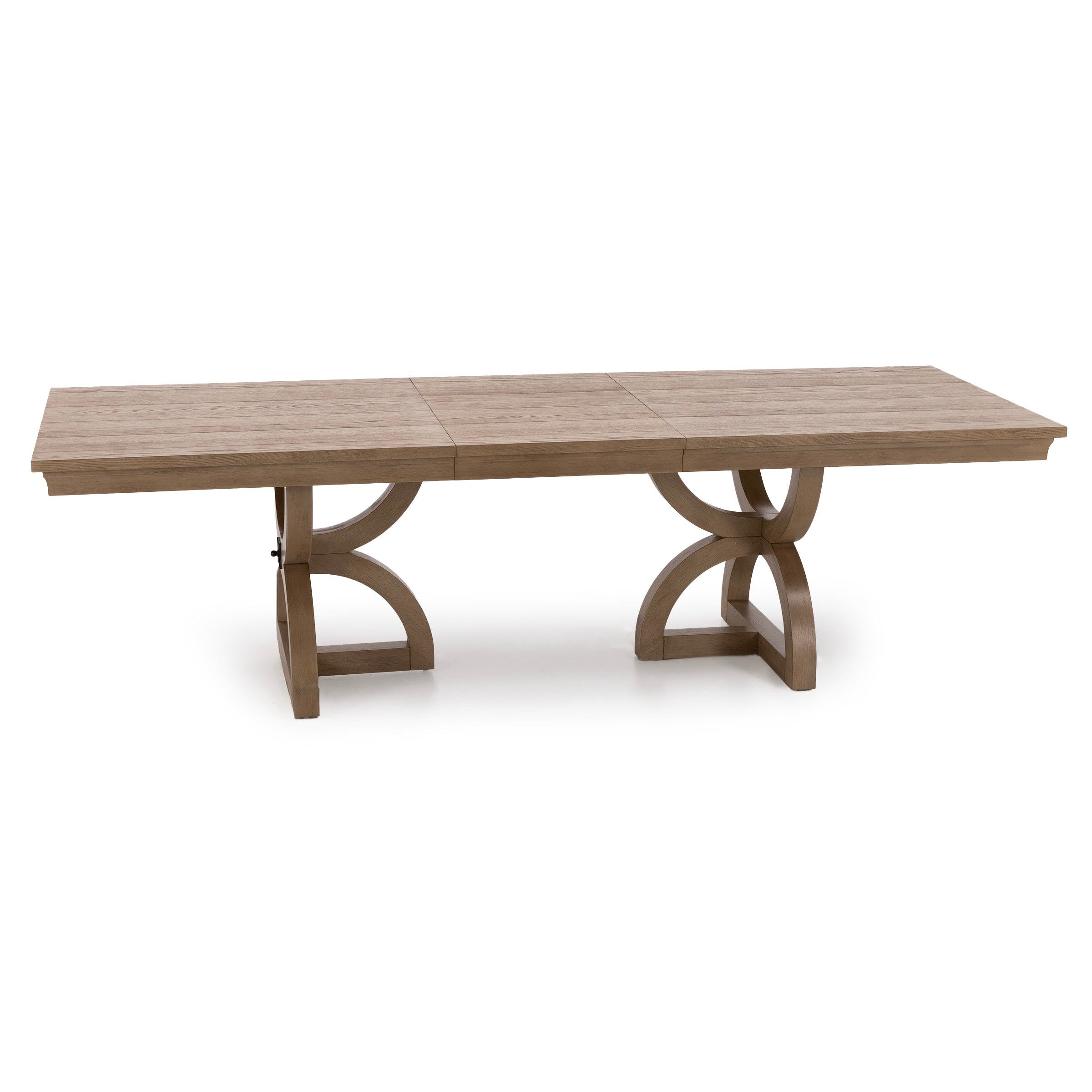 Rectangular wood dining table with double curved pedestal base