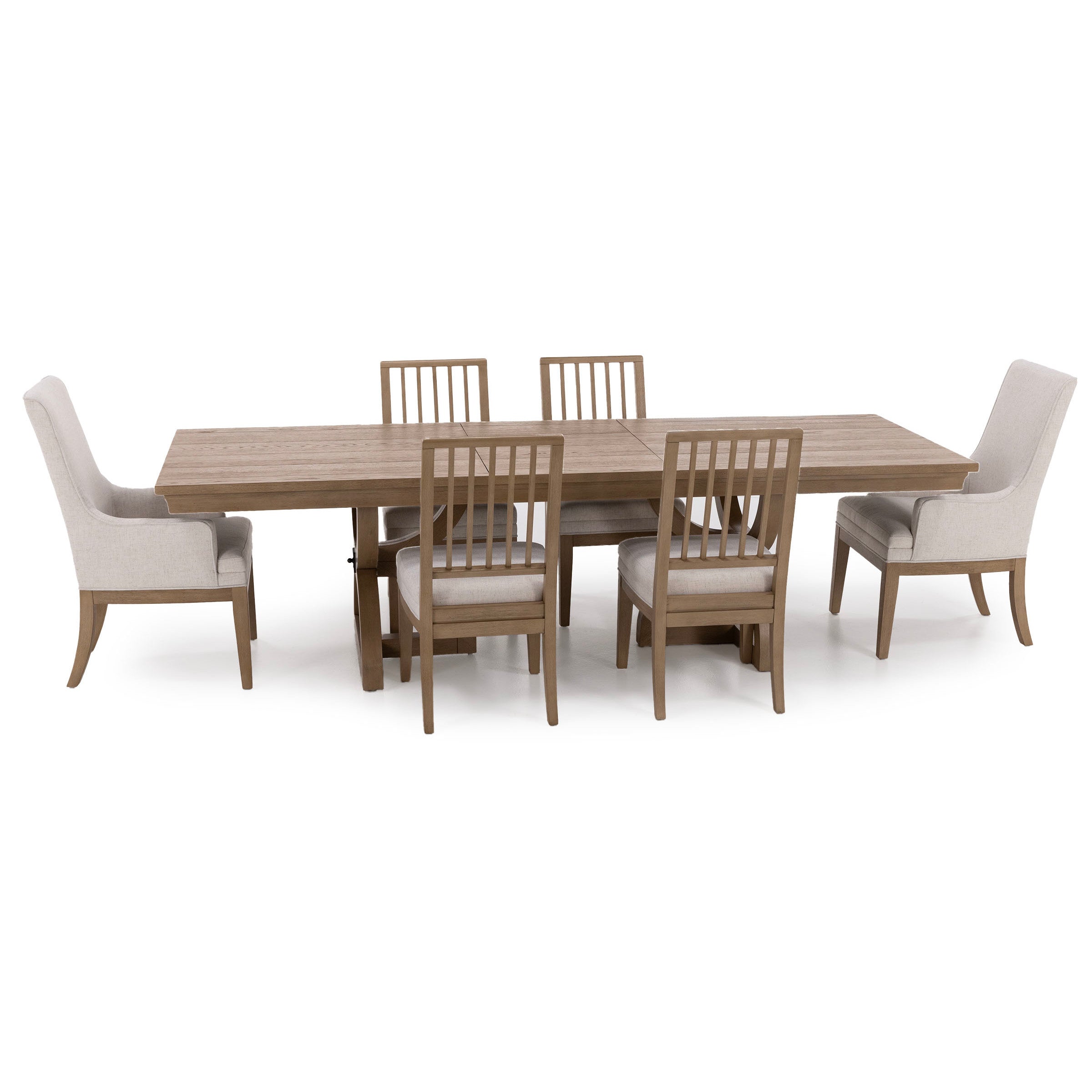Rectangular wood dining table with six chairs, two with arms and four with slat backs.