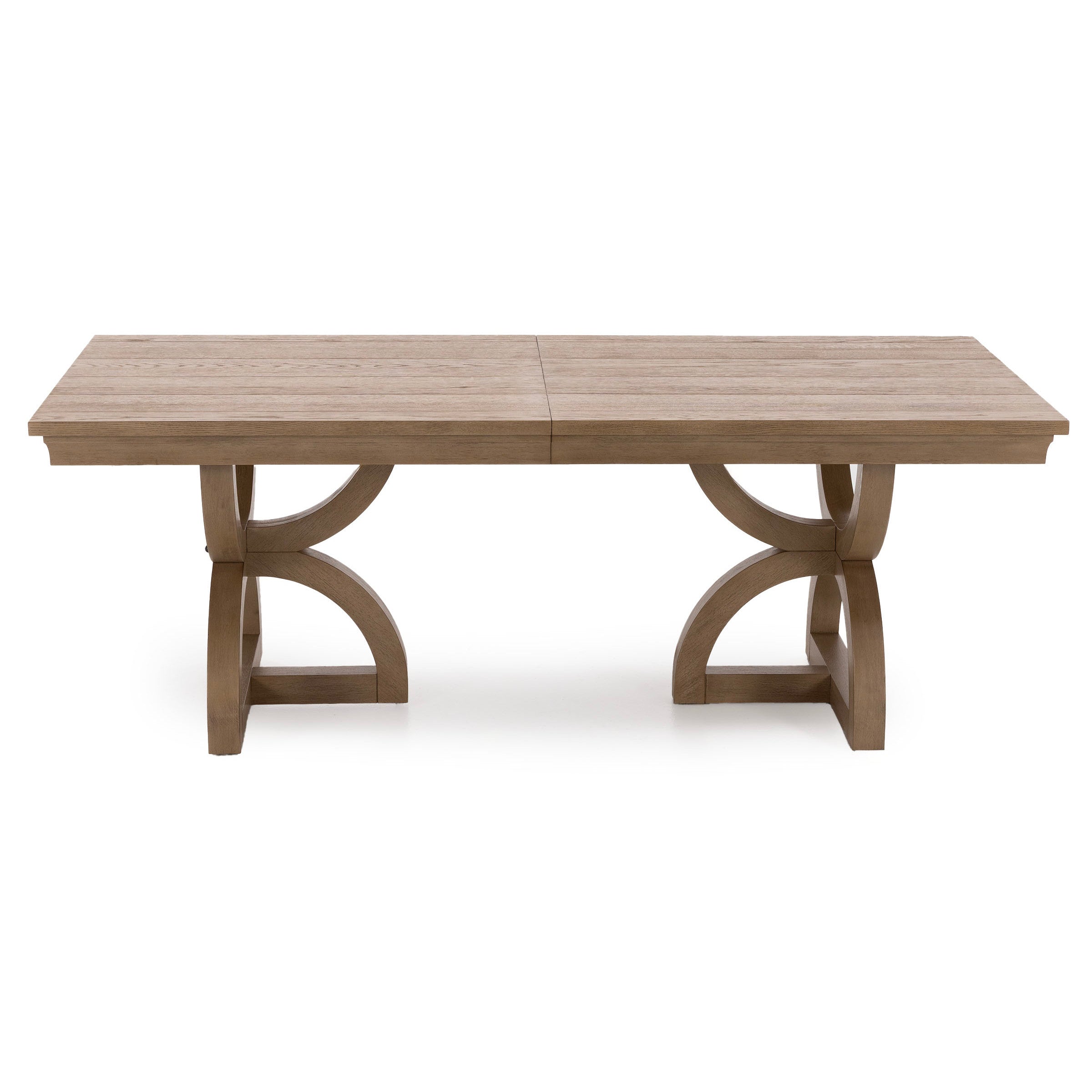 Rectangular wood table with decorative curved legs.