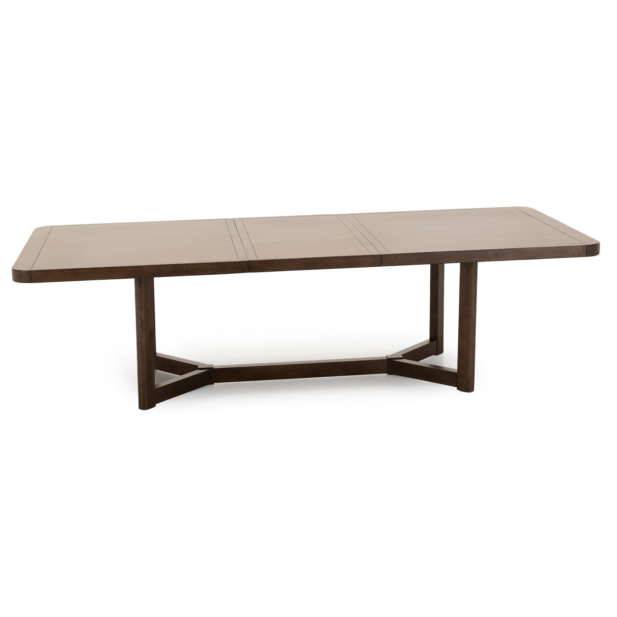 Rectangular wooden dining table with dark finish and trestle base.