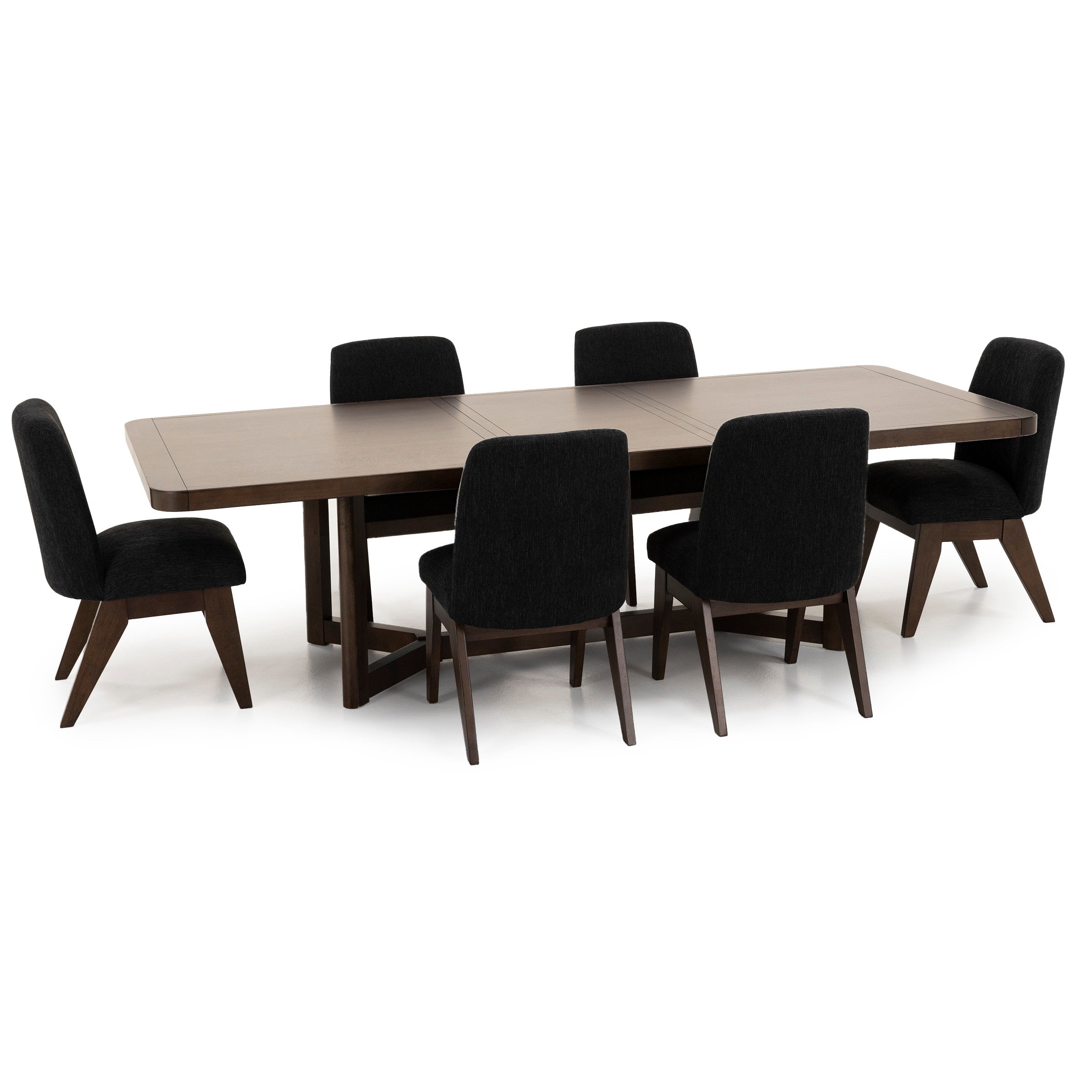 Rectangular wood dining table with six black upholstered chairs.