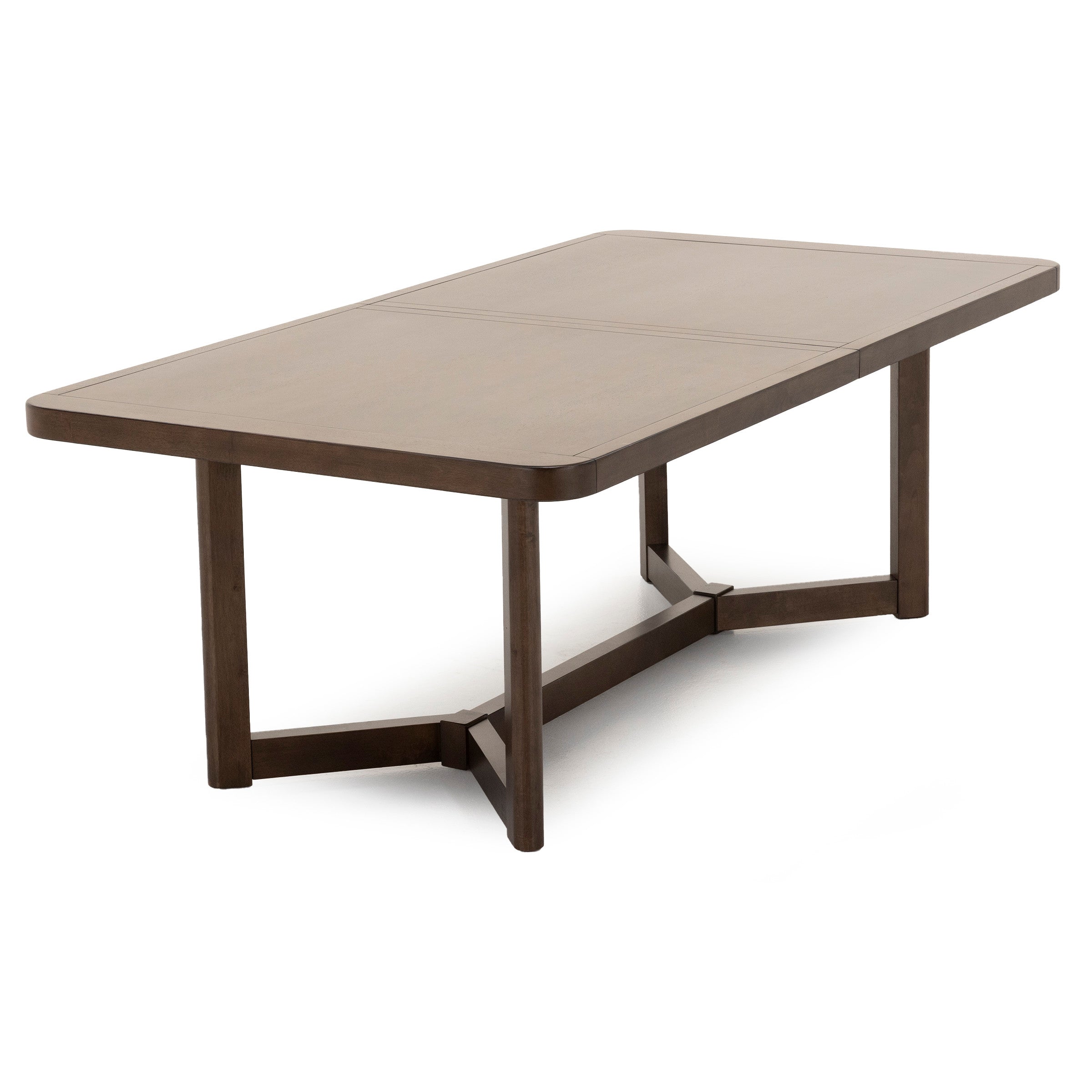 Rectangular wooden dining table with rounded corners and crossbar base.