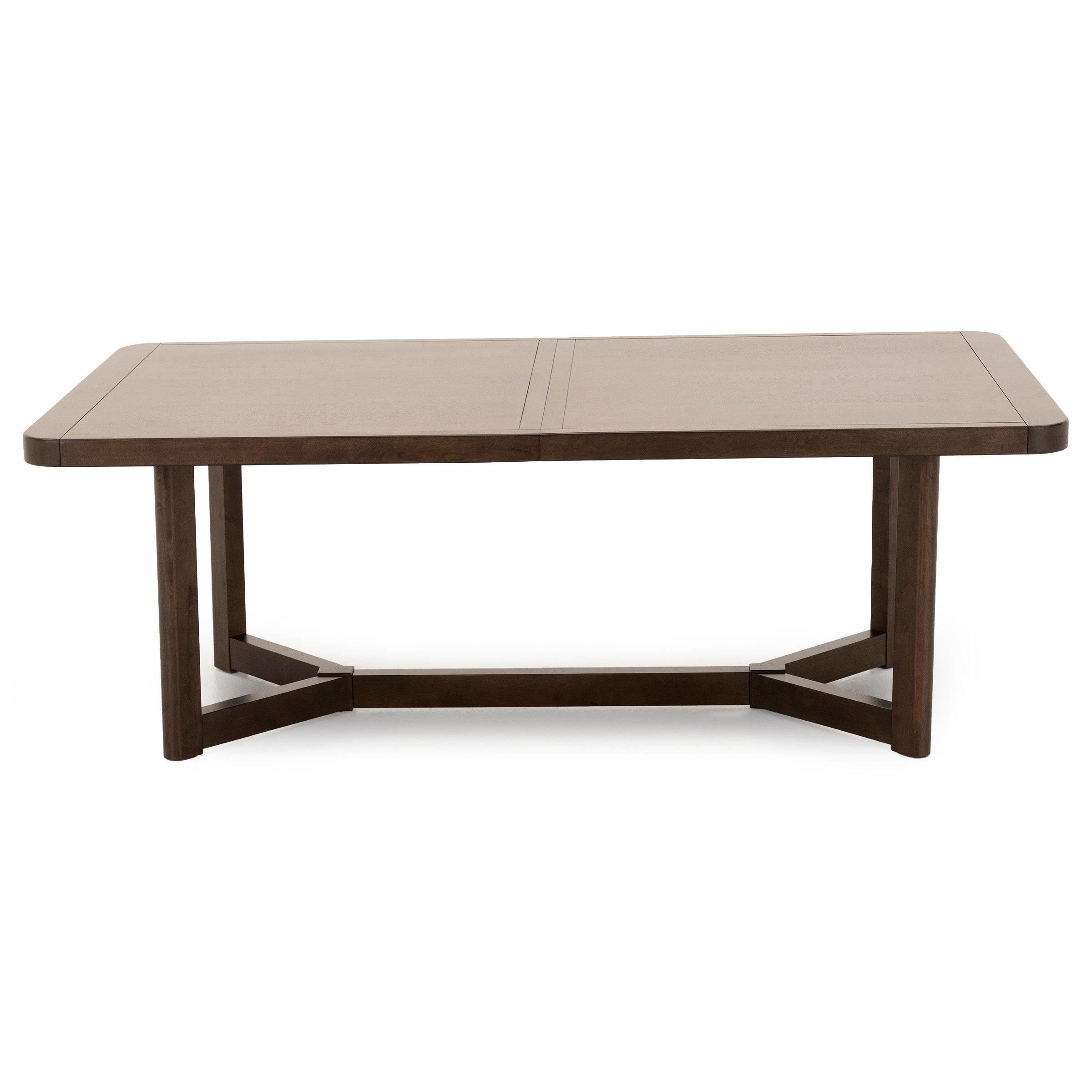 Rectangular wooden dining table with a dark finish and geometric base.