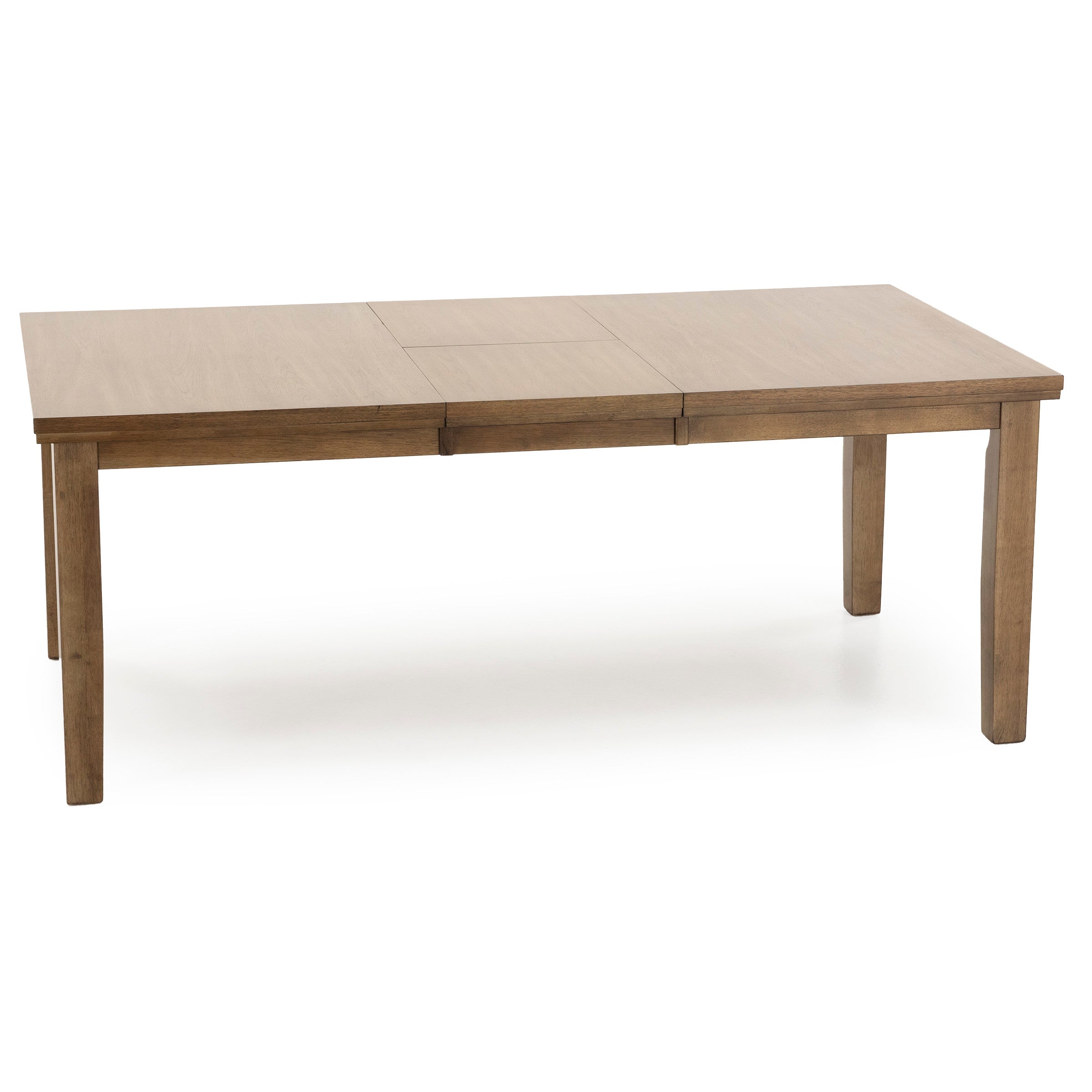 Rectangular wooden dining table with four legs in a light brown finish.