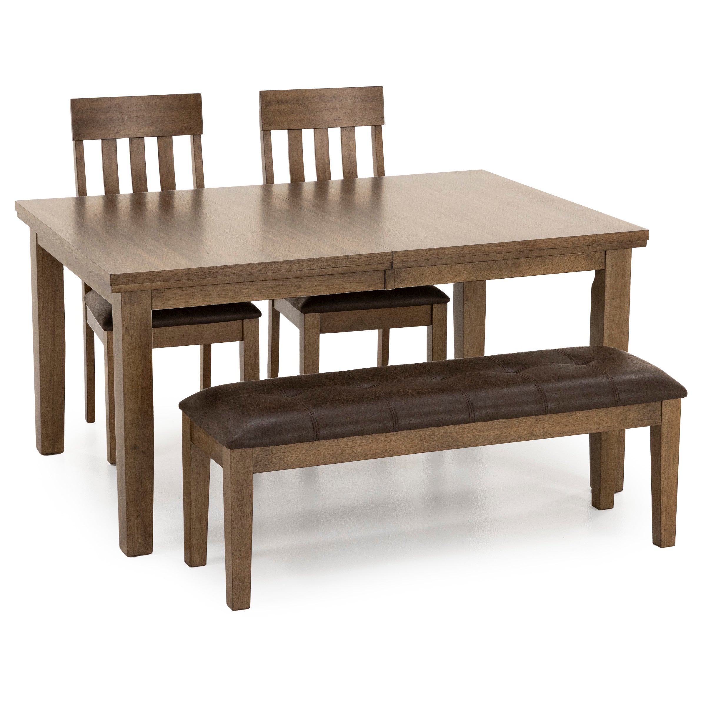 Brown wood dining table set with two chairs and a bench.