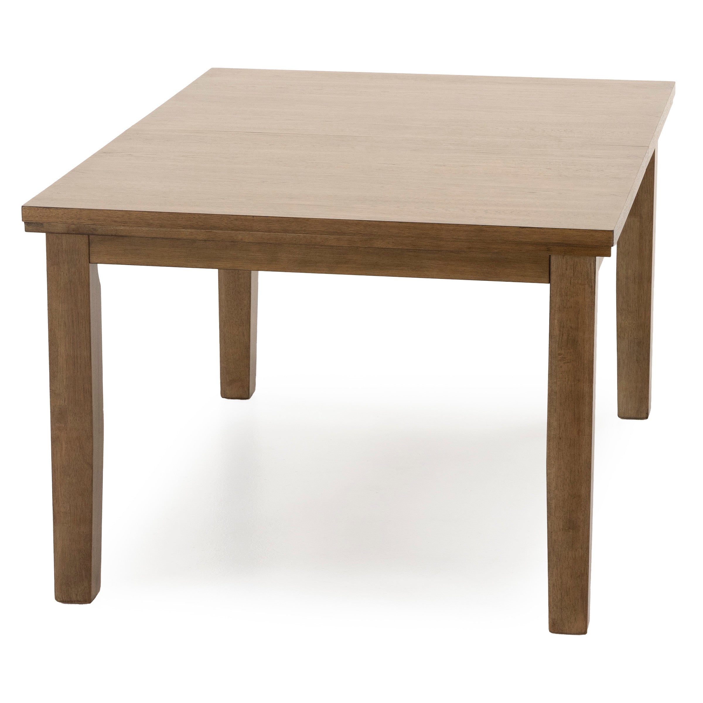 Square wood dining table with simple, straight legs.