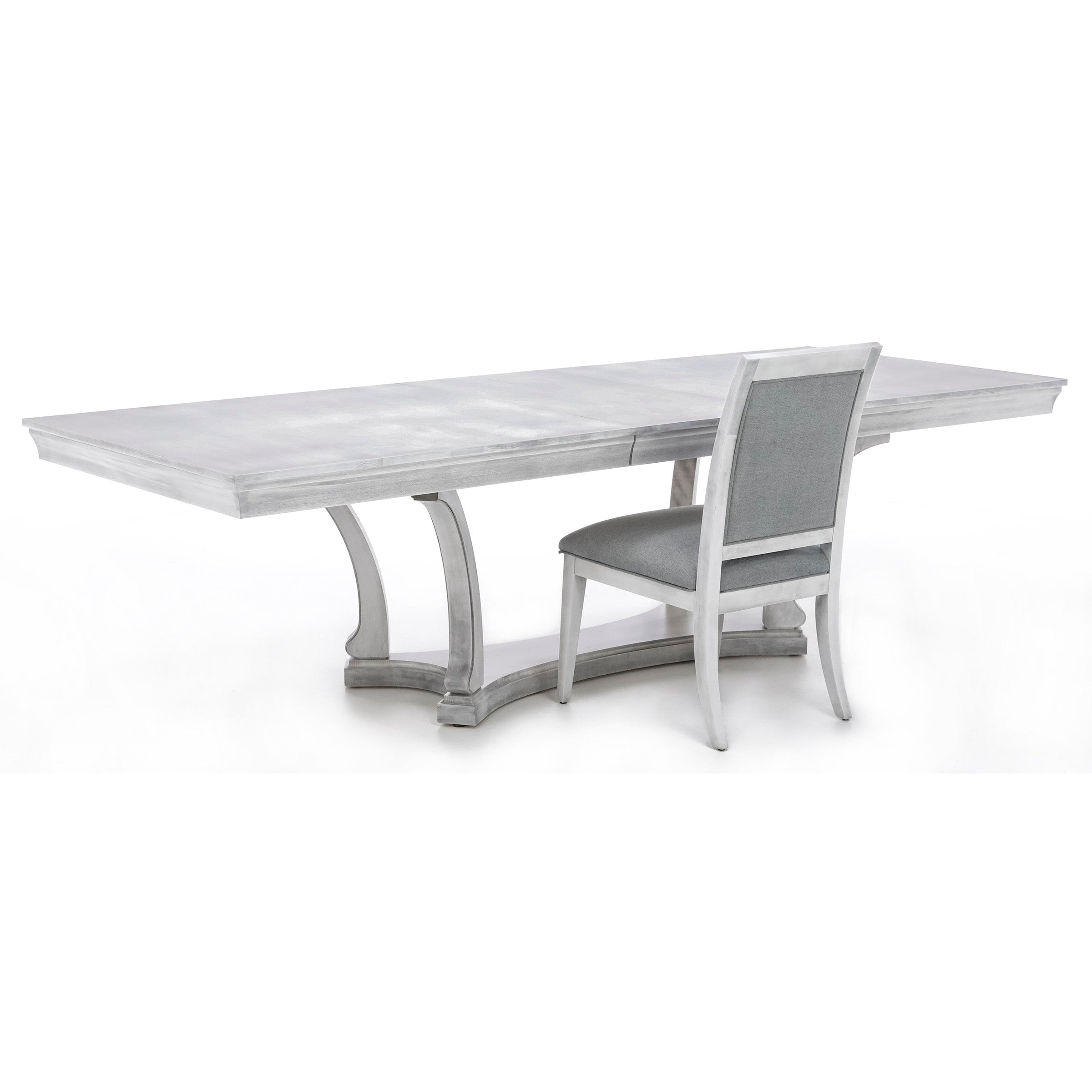 Light gray wood dining table with matching cushioned chair in a clean, modern style.