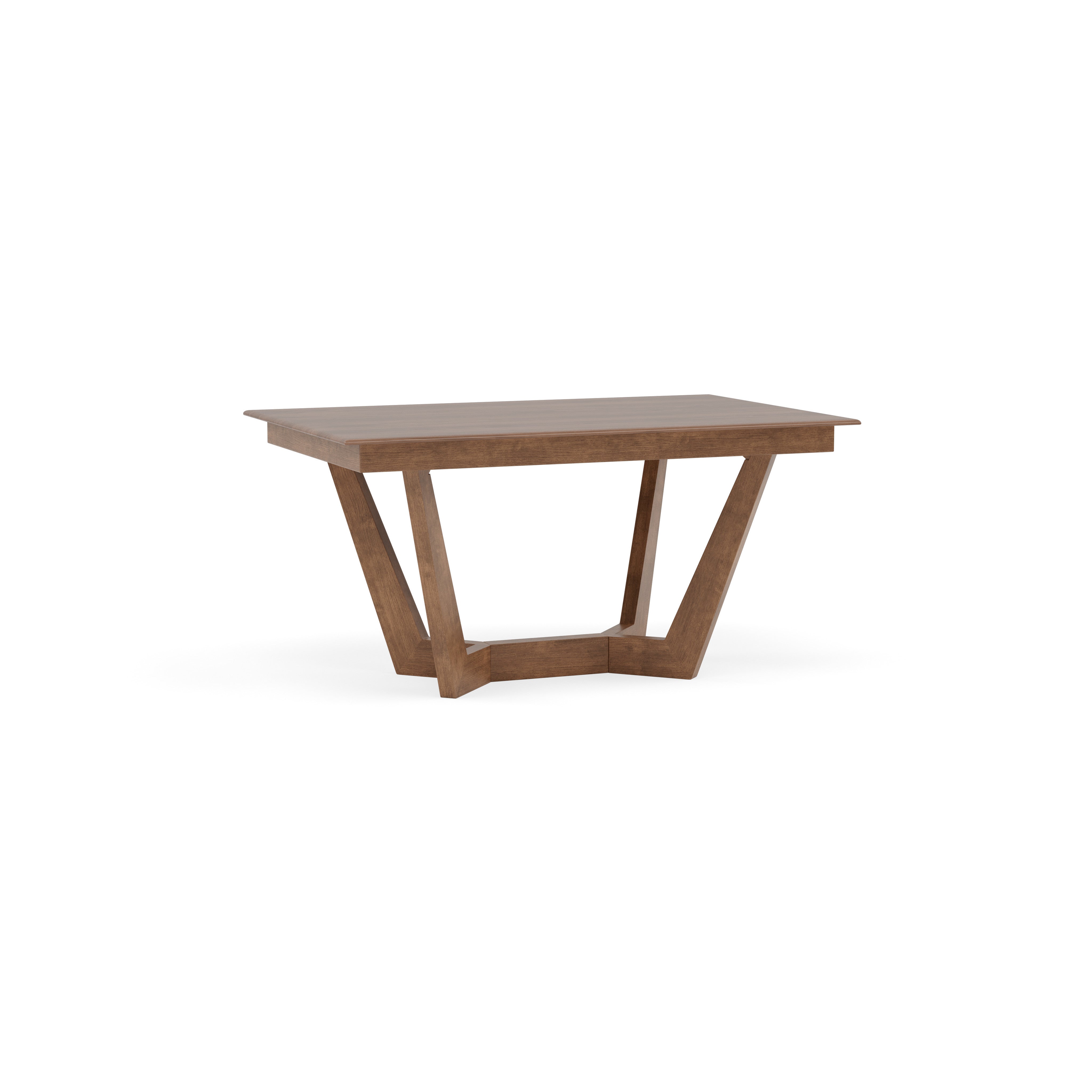 Modern wooden dining table with angled legs on a white background.
