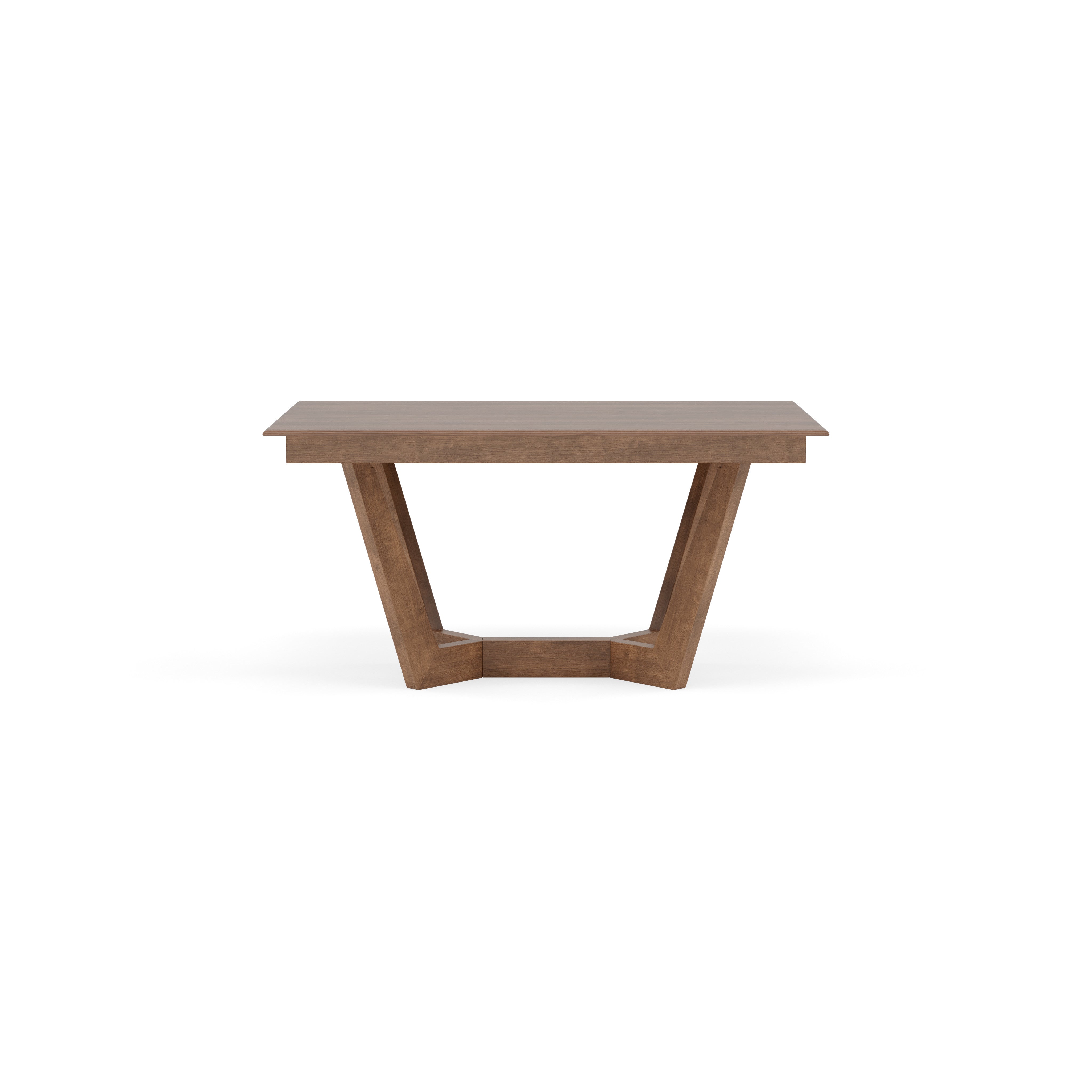 Rectangular wooden dining table with angled pedestal legs, shown from the front.