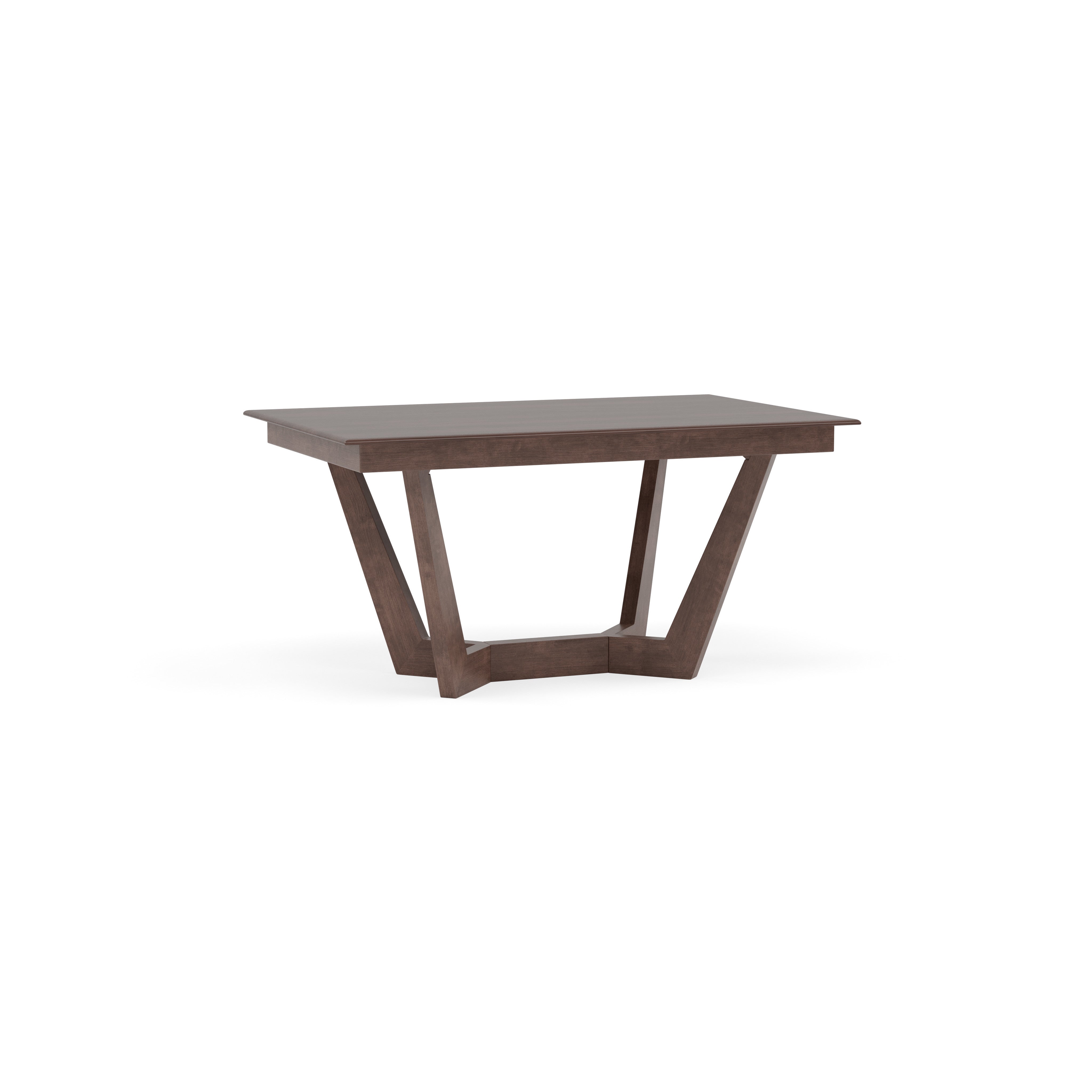 Rectangular wooden dining table with angled V-shaped legs.