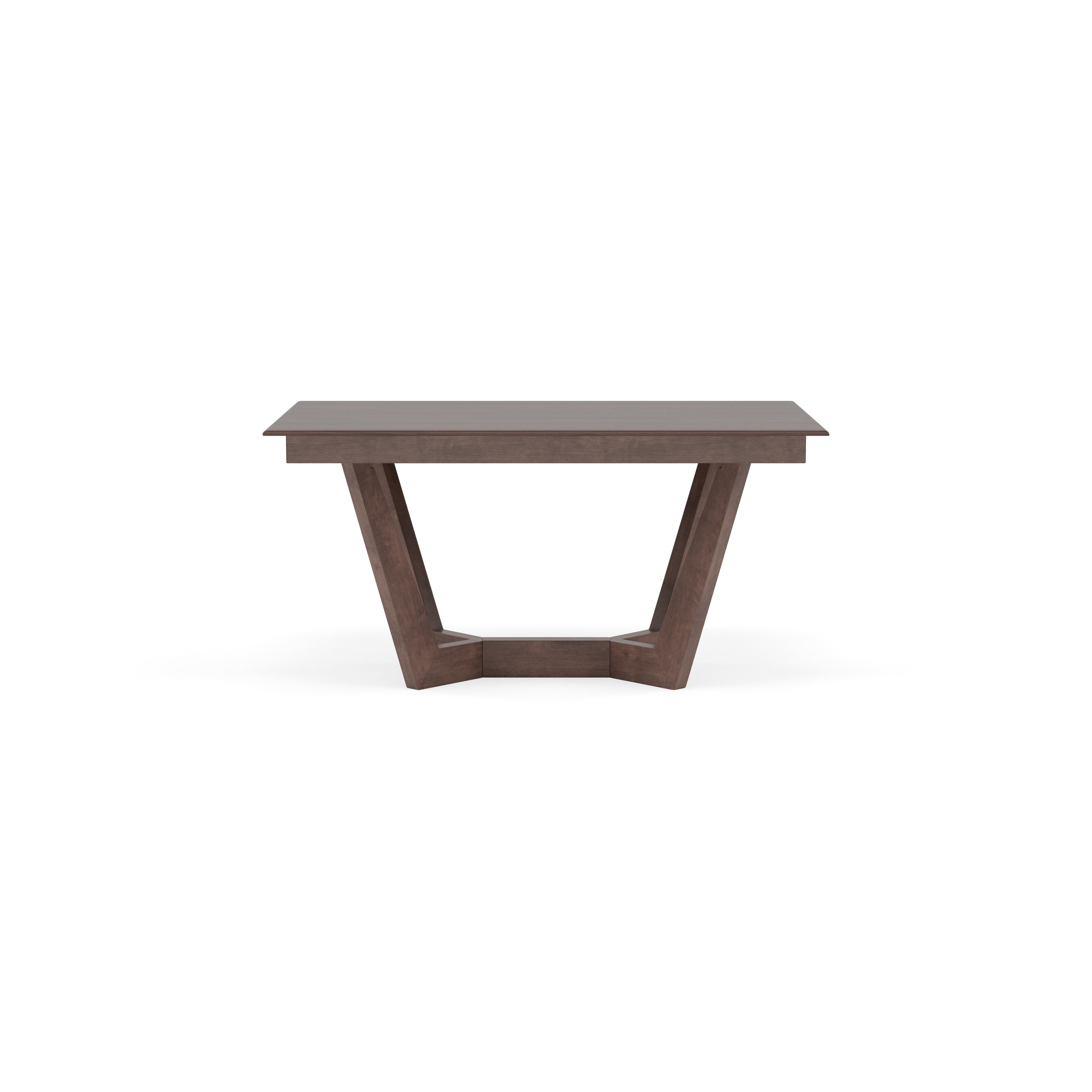Rectangular wood table with angled legs and modern design.
