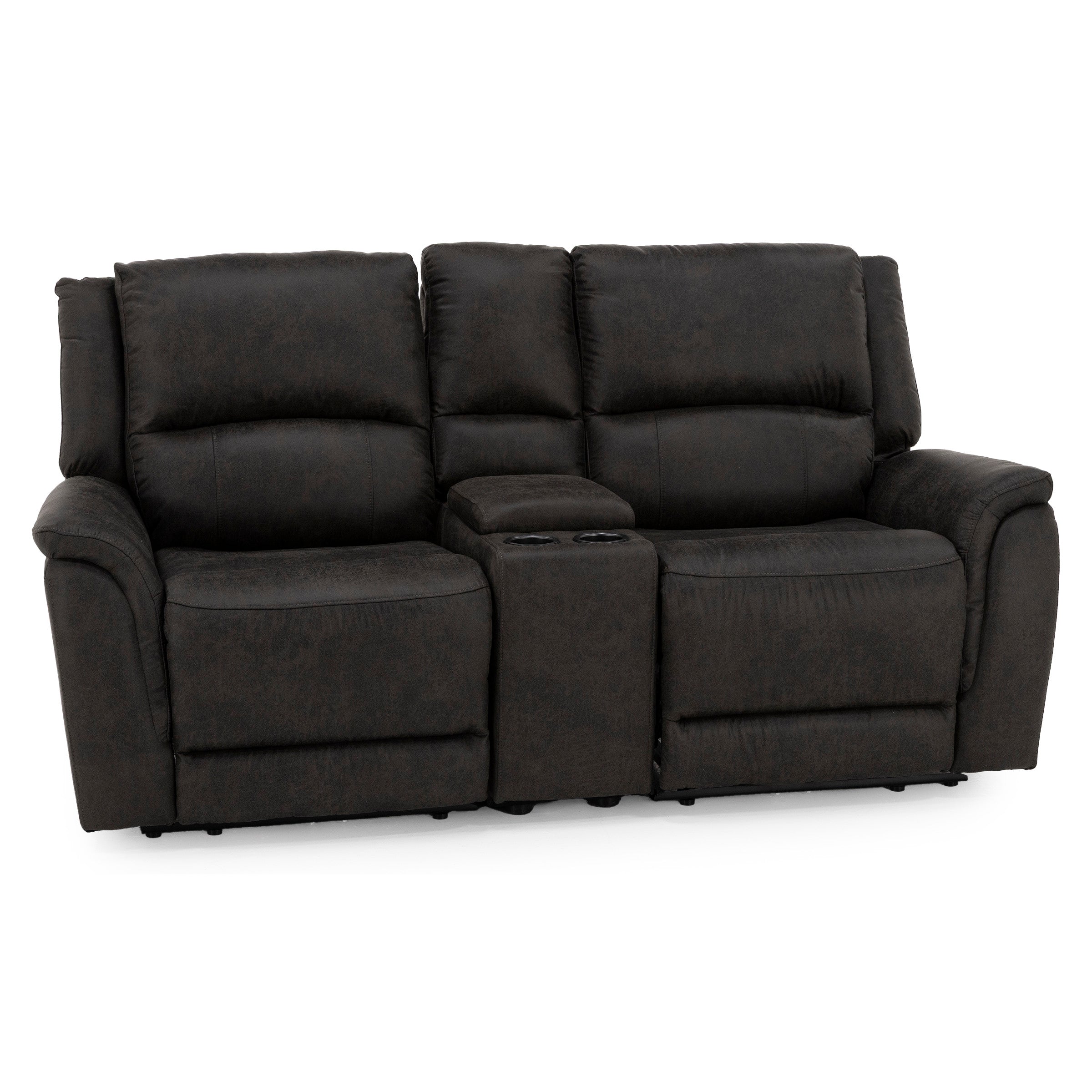 Dark brown reclining loveseat with center console and two cup holders.