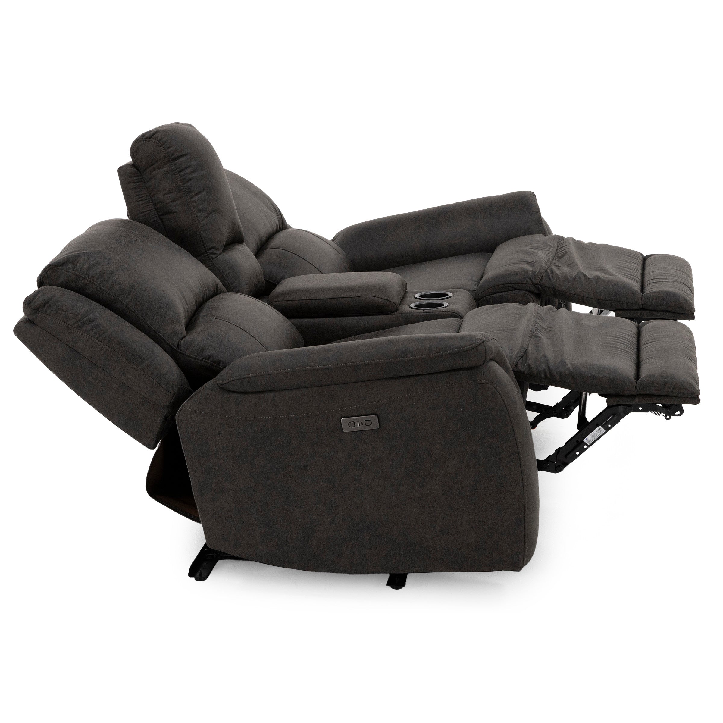 Dark fabric reclining loveseat with lifted footrests and cup holders, shown fully reclined.