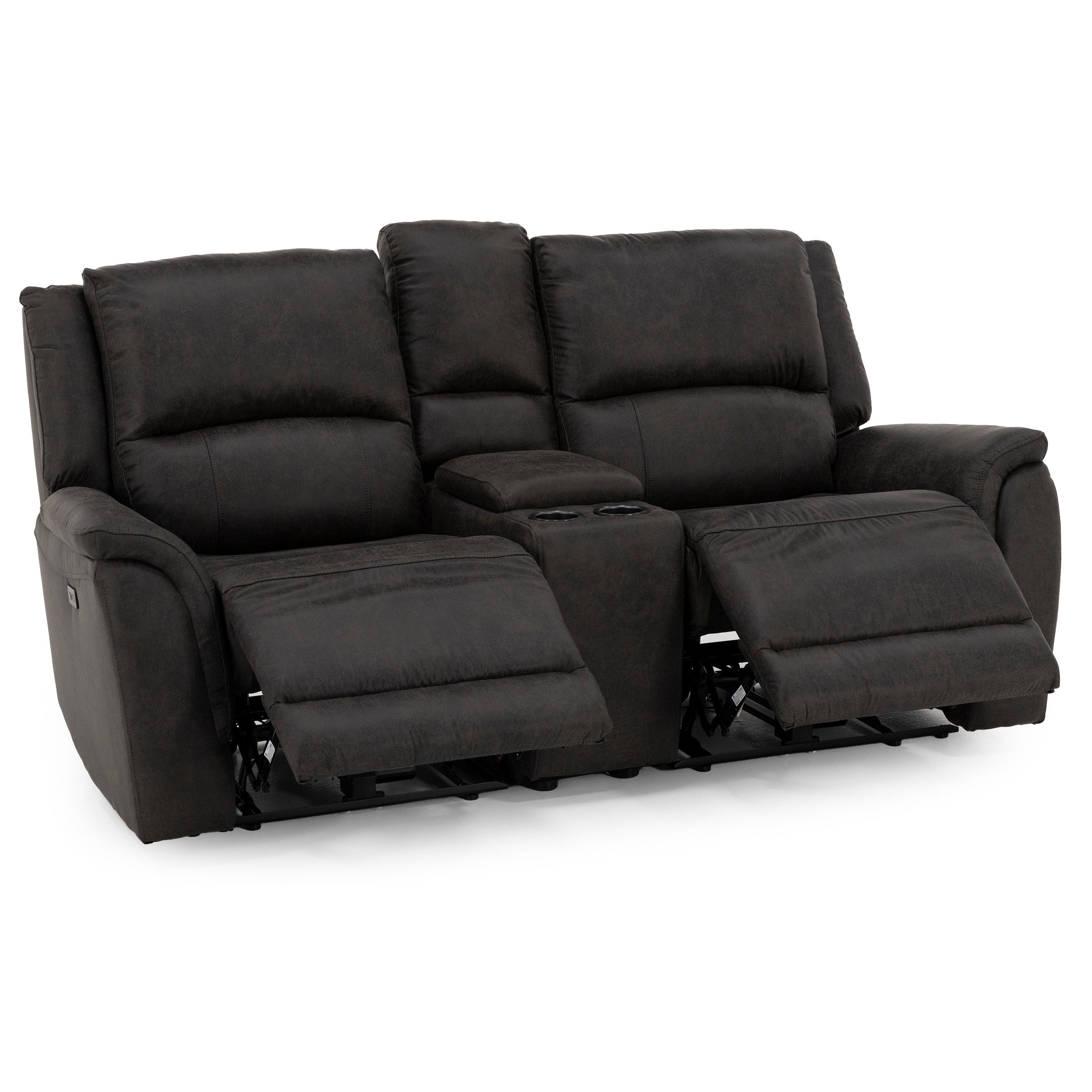 Dark brown reclining loveseat with center console and cup holders.