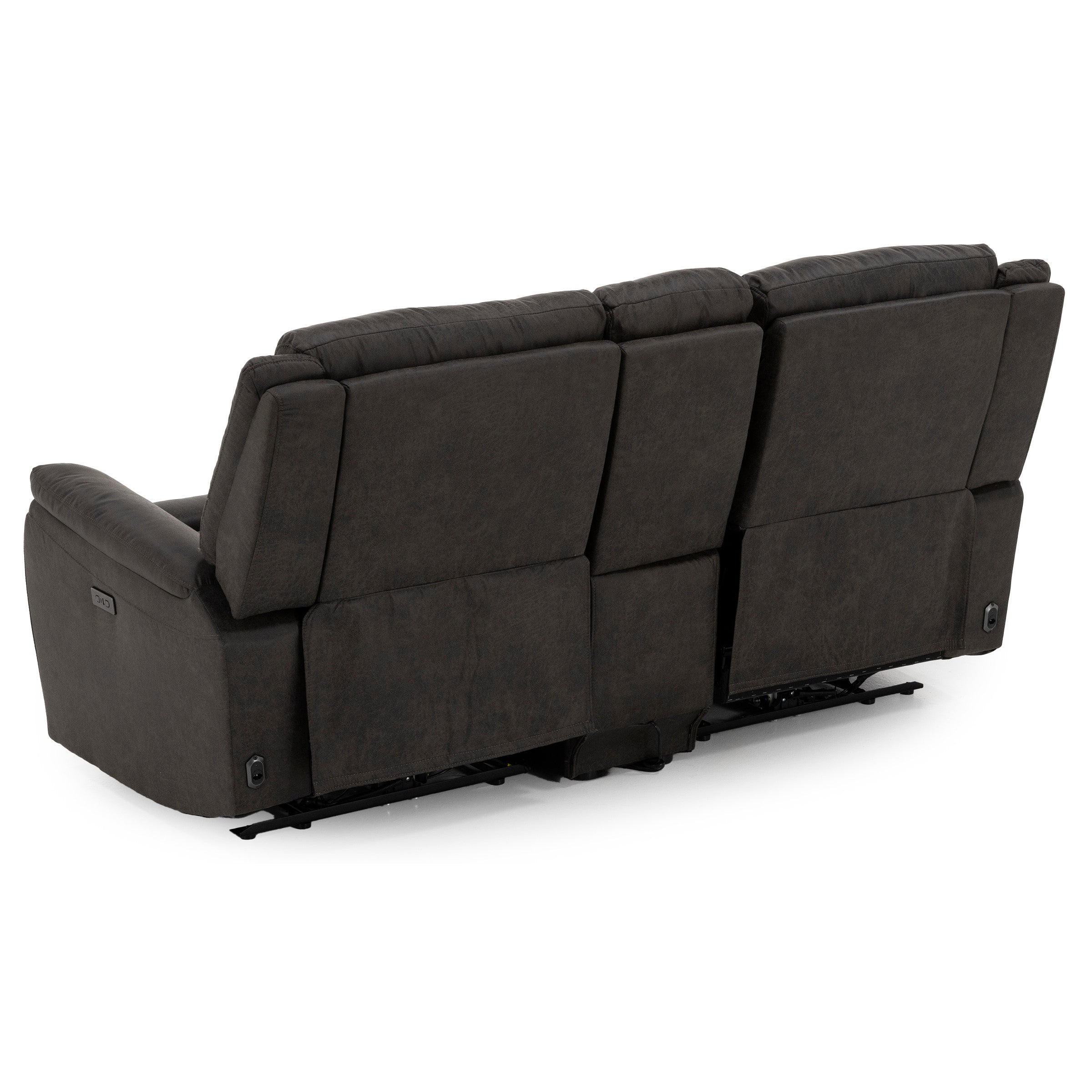 Back view of a dark fabric reclining sofa, showing headrest and armrest details.