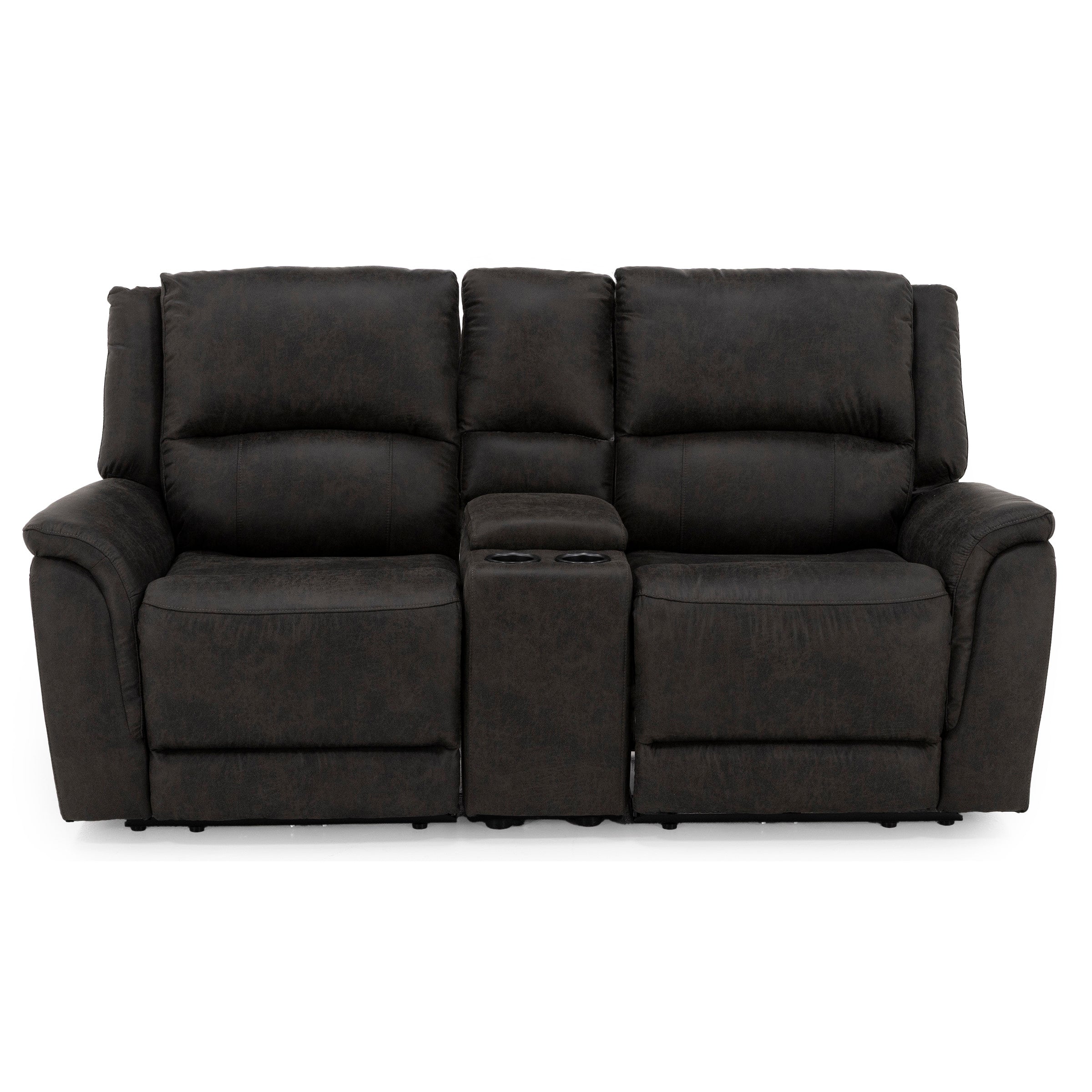 Dark brown reclining loveseat with plush seats and a center console with cup holders.