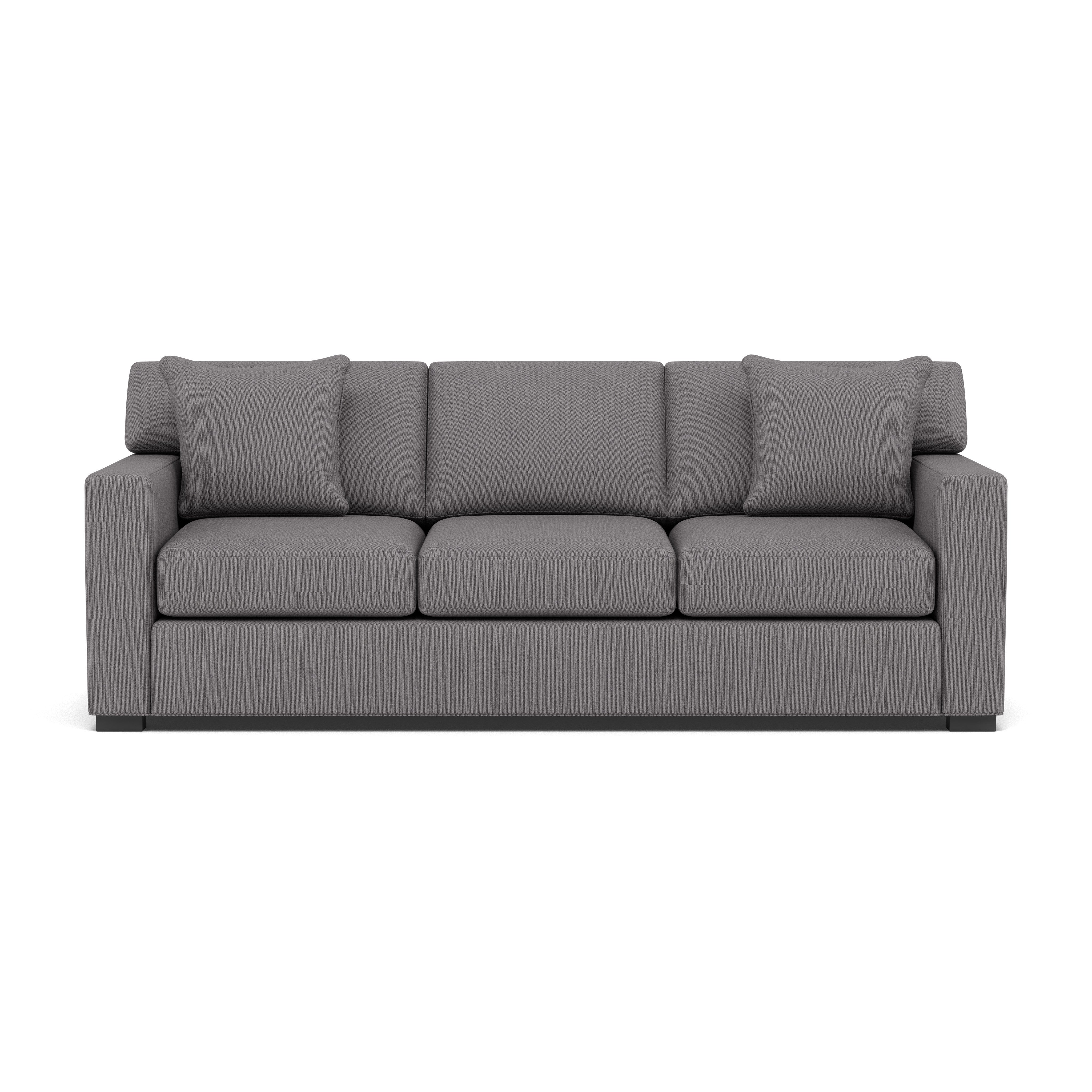 Modern gray sofa with three cushions and two accent pillows, shown front view.