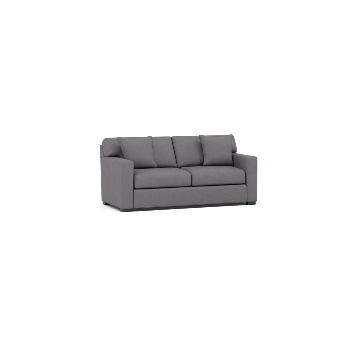 Modern gray sofa with two seat cushions and three back pillows on a white background.
