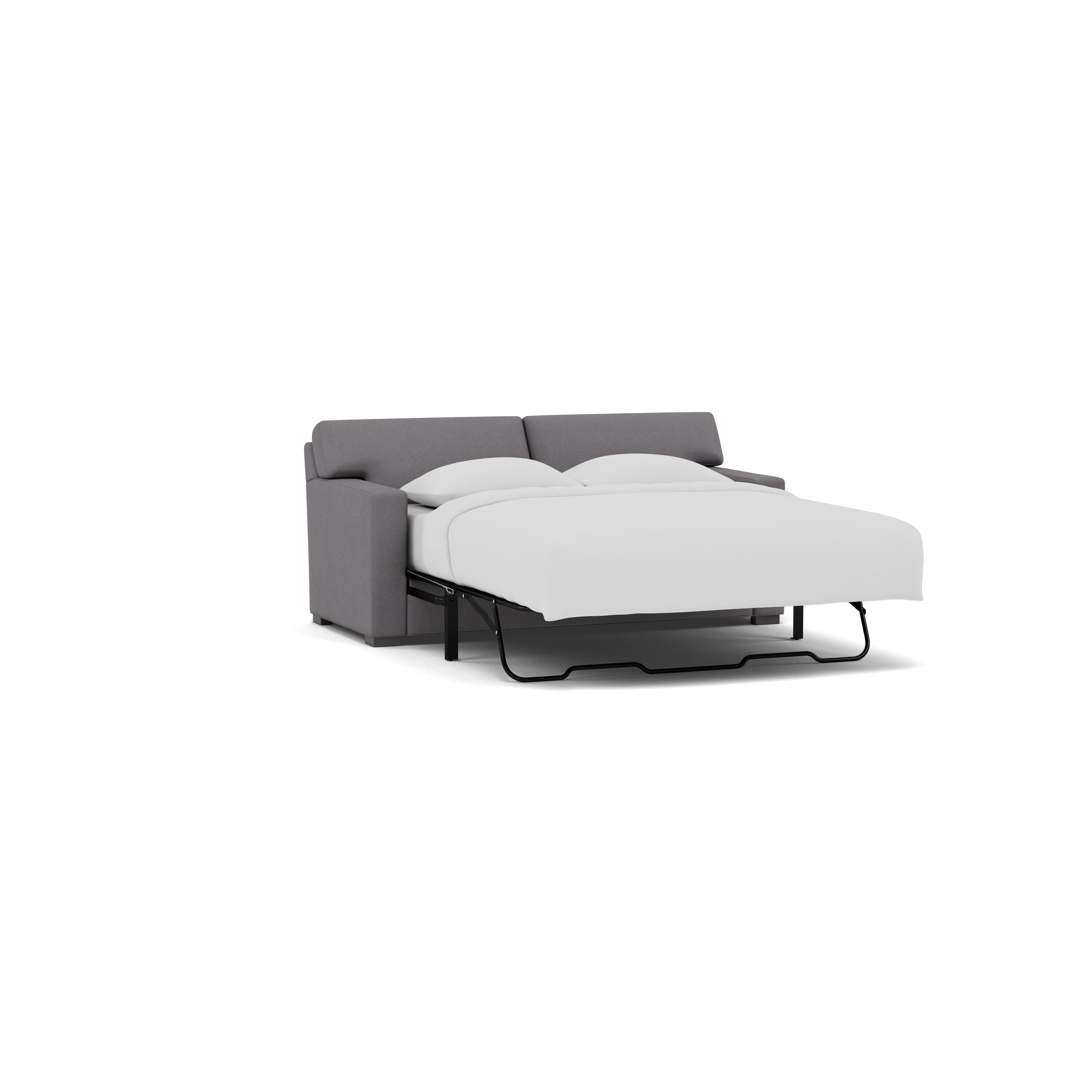 Gray sofa bed with white bedding unfolded, shown on a white background.