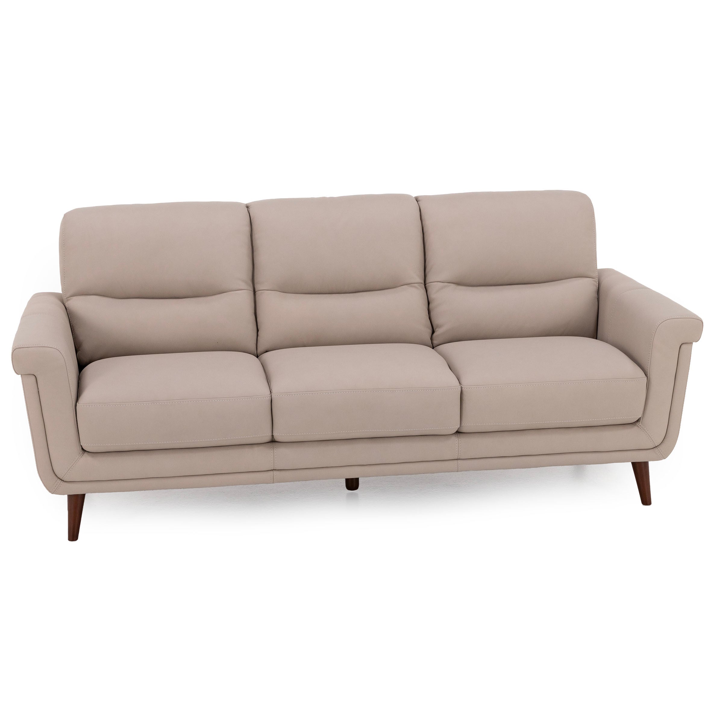 Beige three-seat sofa with wooden legs, featuring modern, clean lines.