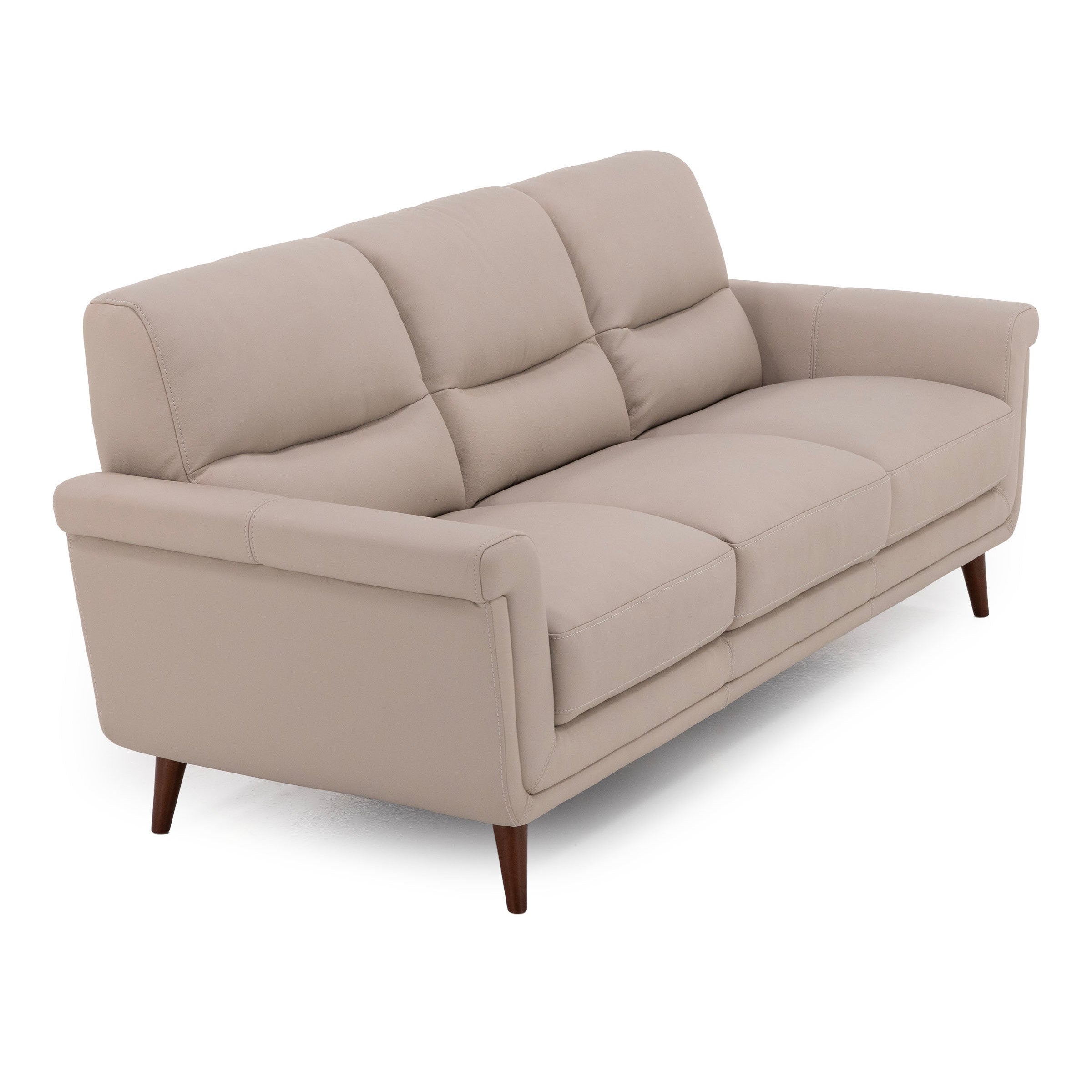 Beige three-seat sofa with wooden legs, modern design.