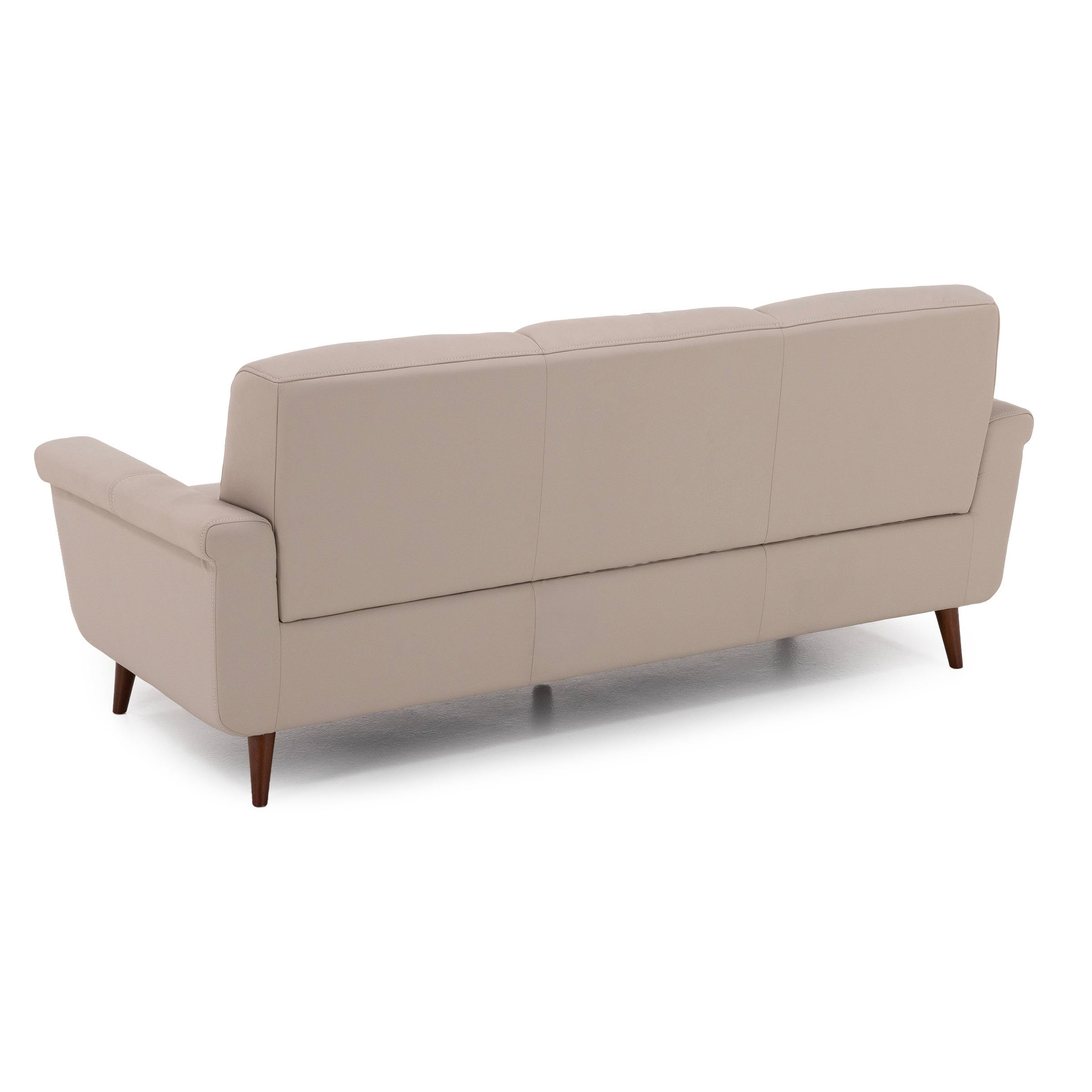 Back view of a beige, three-seat sofa with wooden legs.