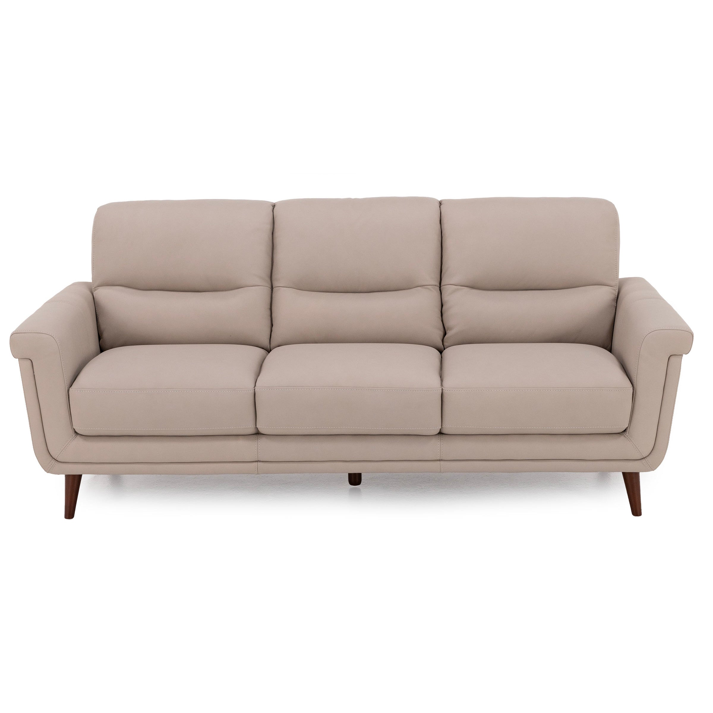 Beige three-seat sofa with wooden legs, modern style.