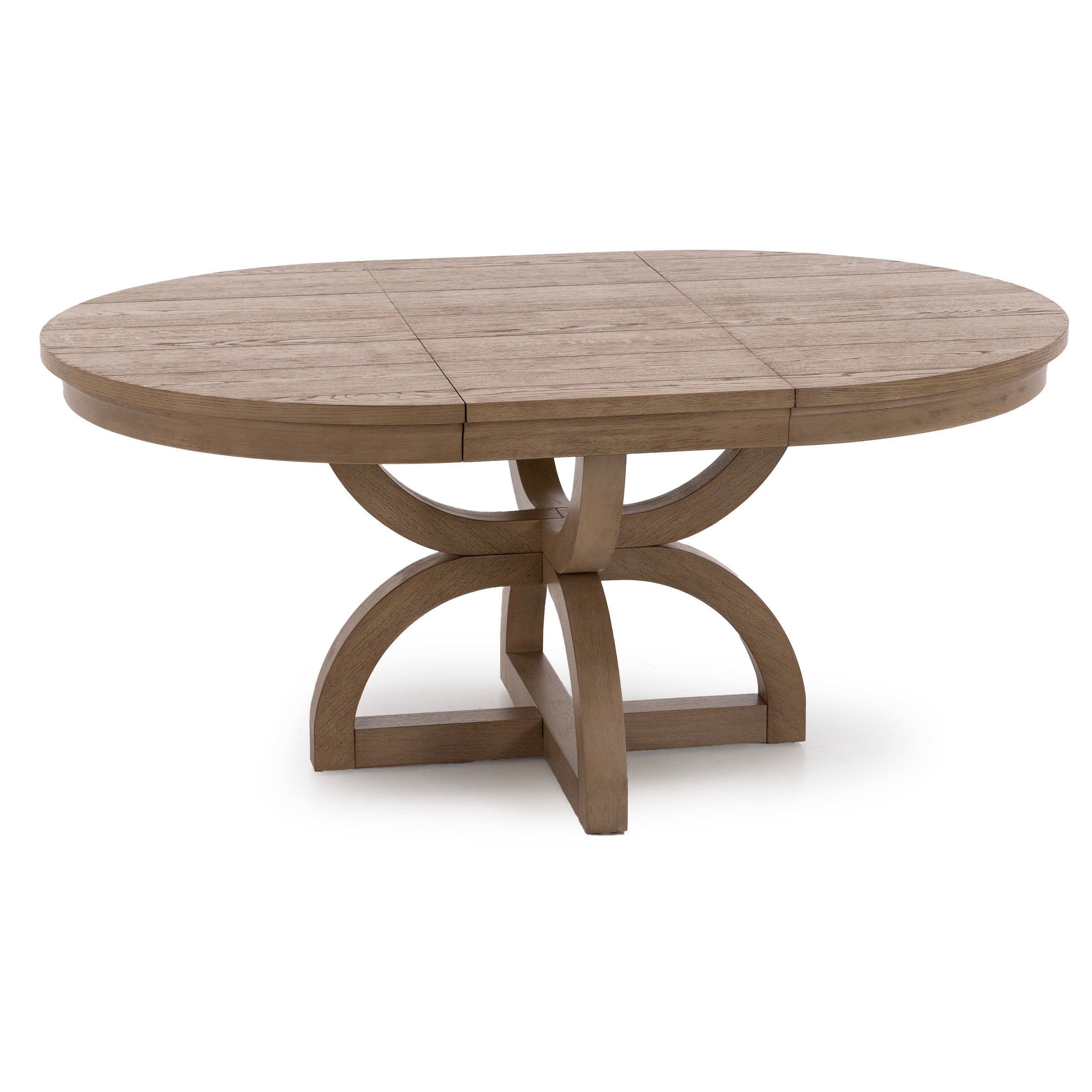 Oval wooden dining table with a sculptural pedestal base.