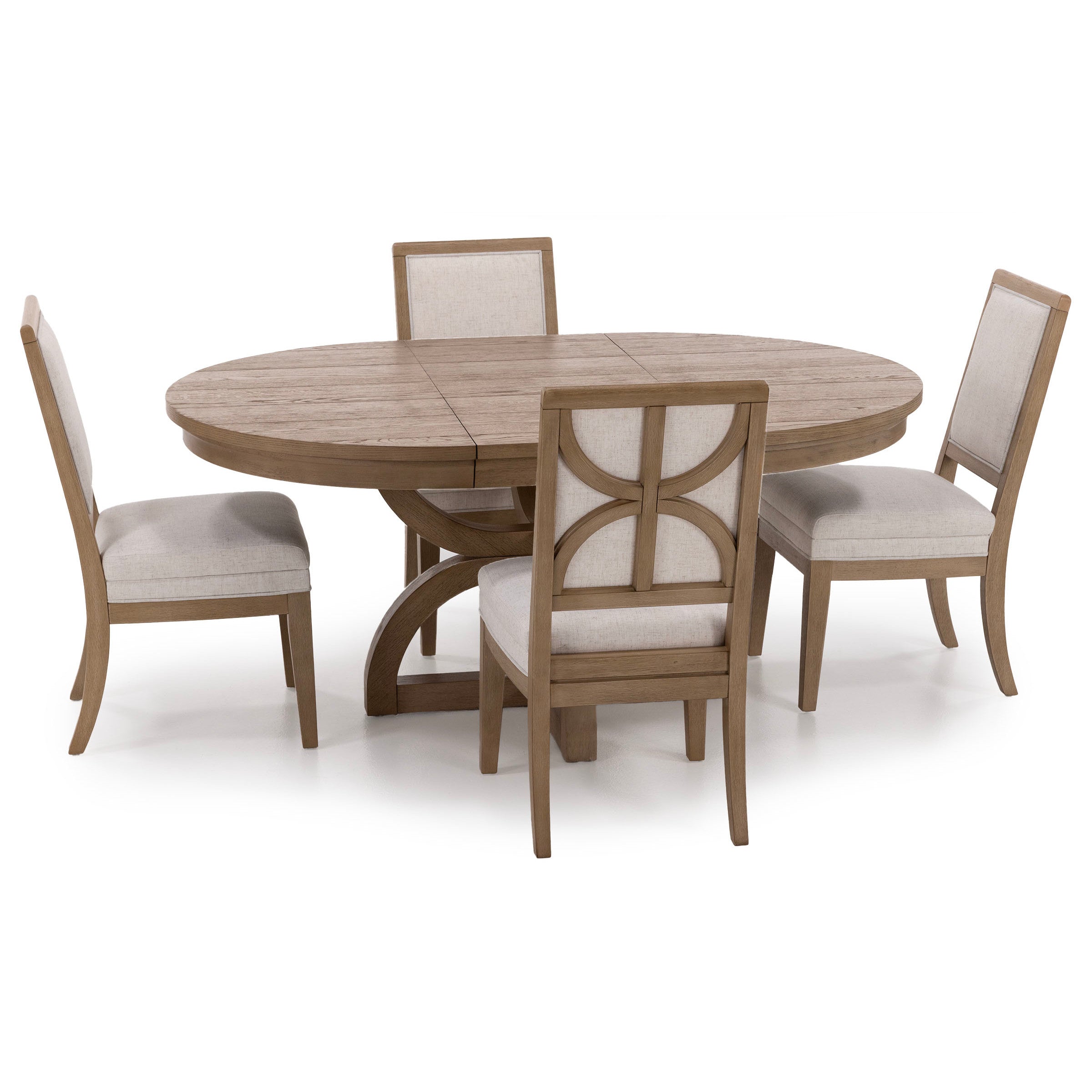 Oval wood dining table with four upholstered chairs in light beige fabric.