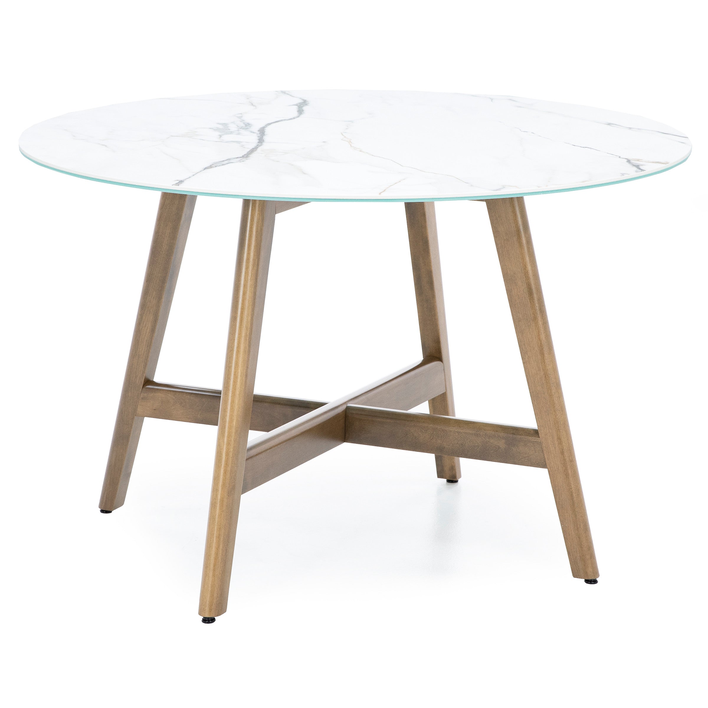 Round table with white marble top and light wood legs.