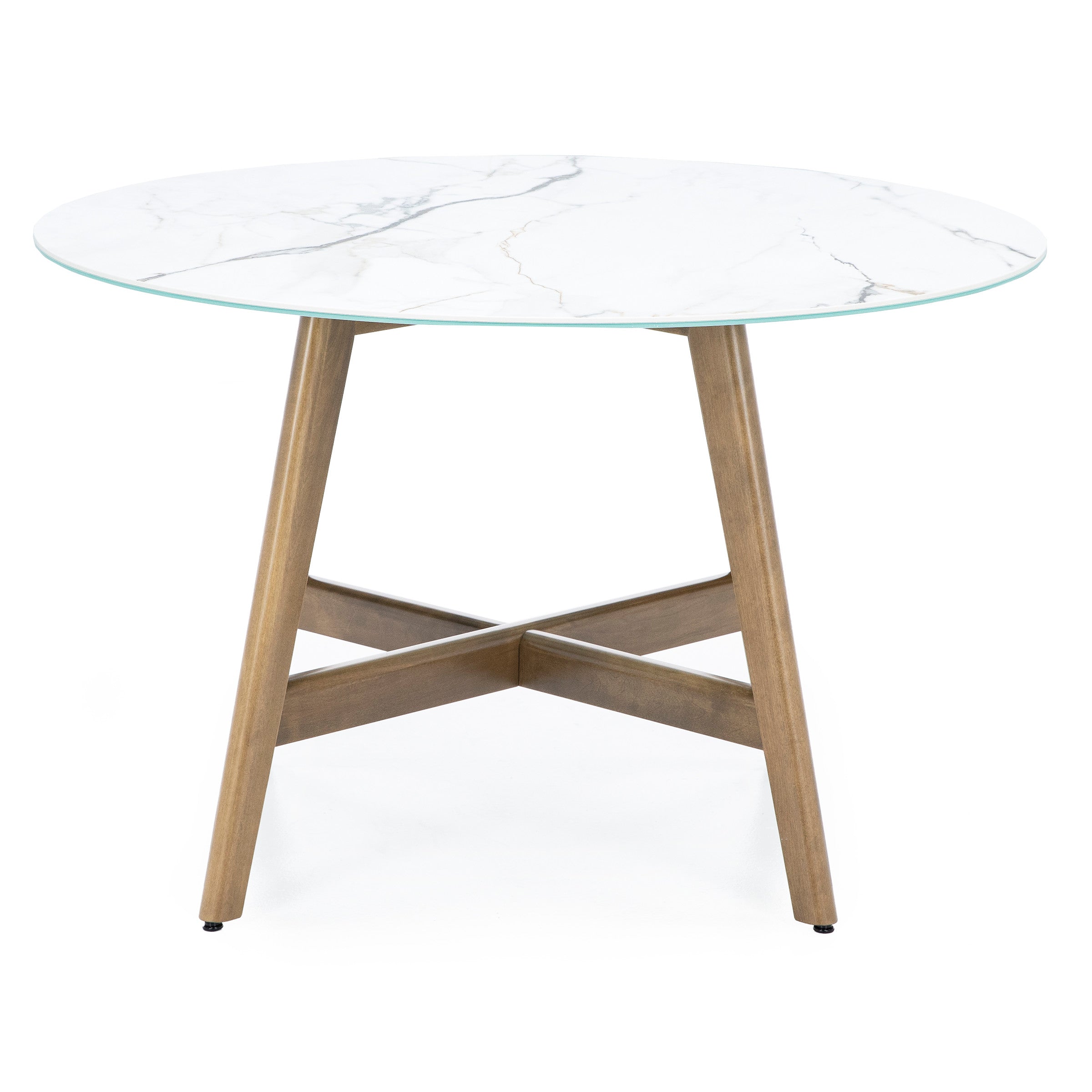 Round table with a white marble-patterned top and wooden legs.