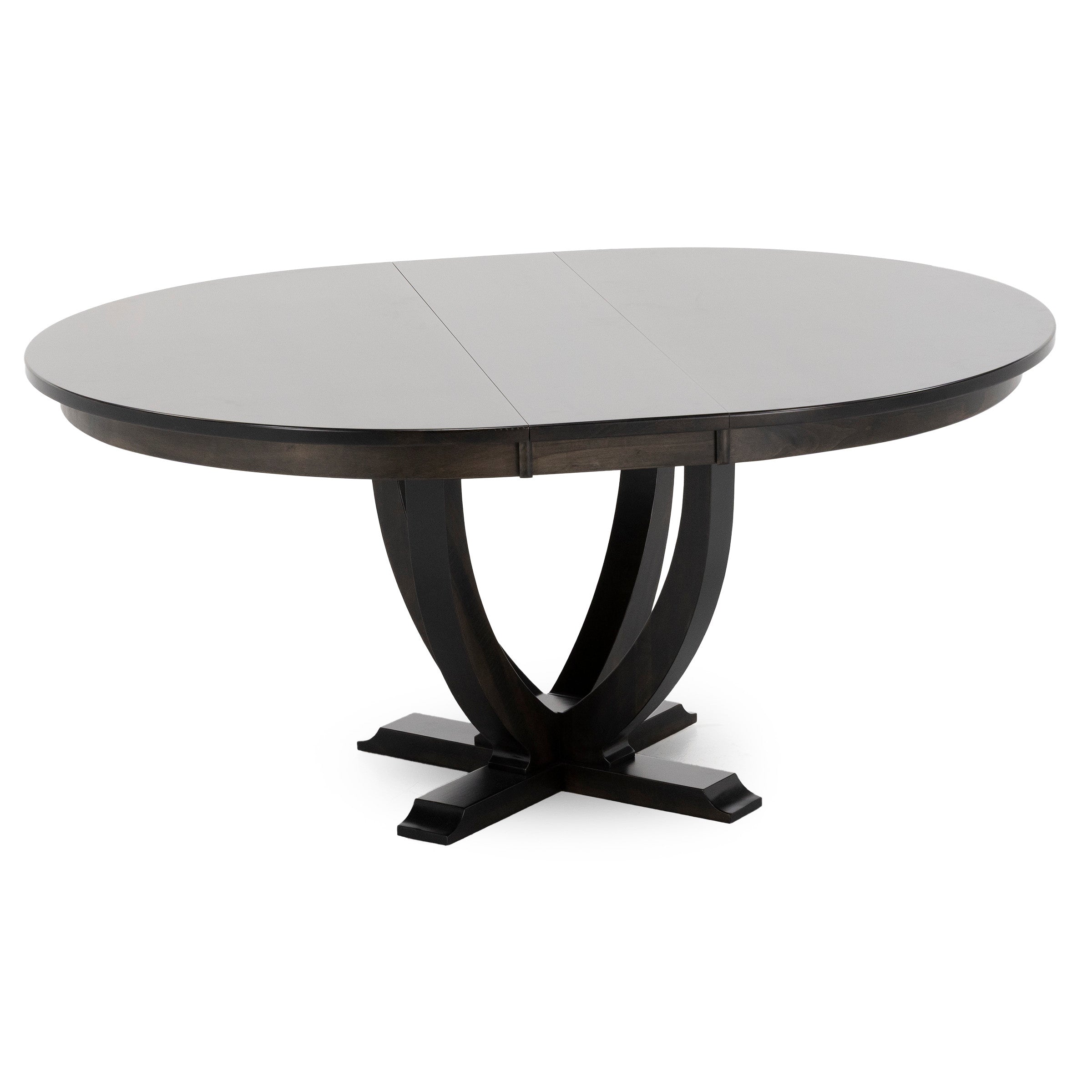 Dark wood oval dining table with curved pedestal base.